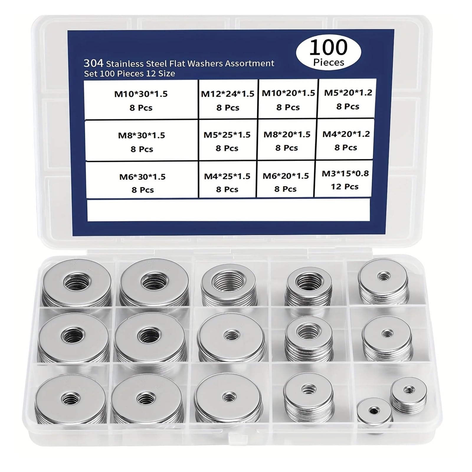 Sortimentsset mit Unterlegscheiben Kotflügelscheiben aus Edelstahl, flache Unterlegscheiben for Schrauben und Bolzen, 100-teiliges Metallscheiben-Set (12 Größen M3–M12), sortiert