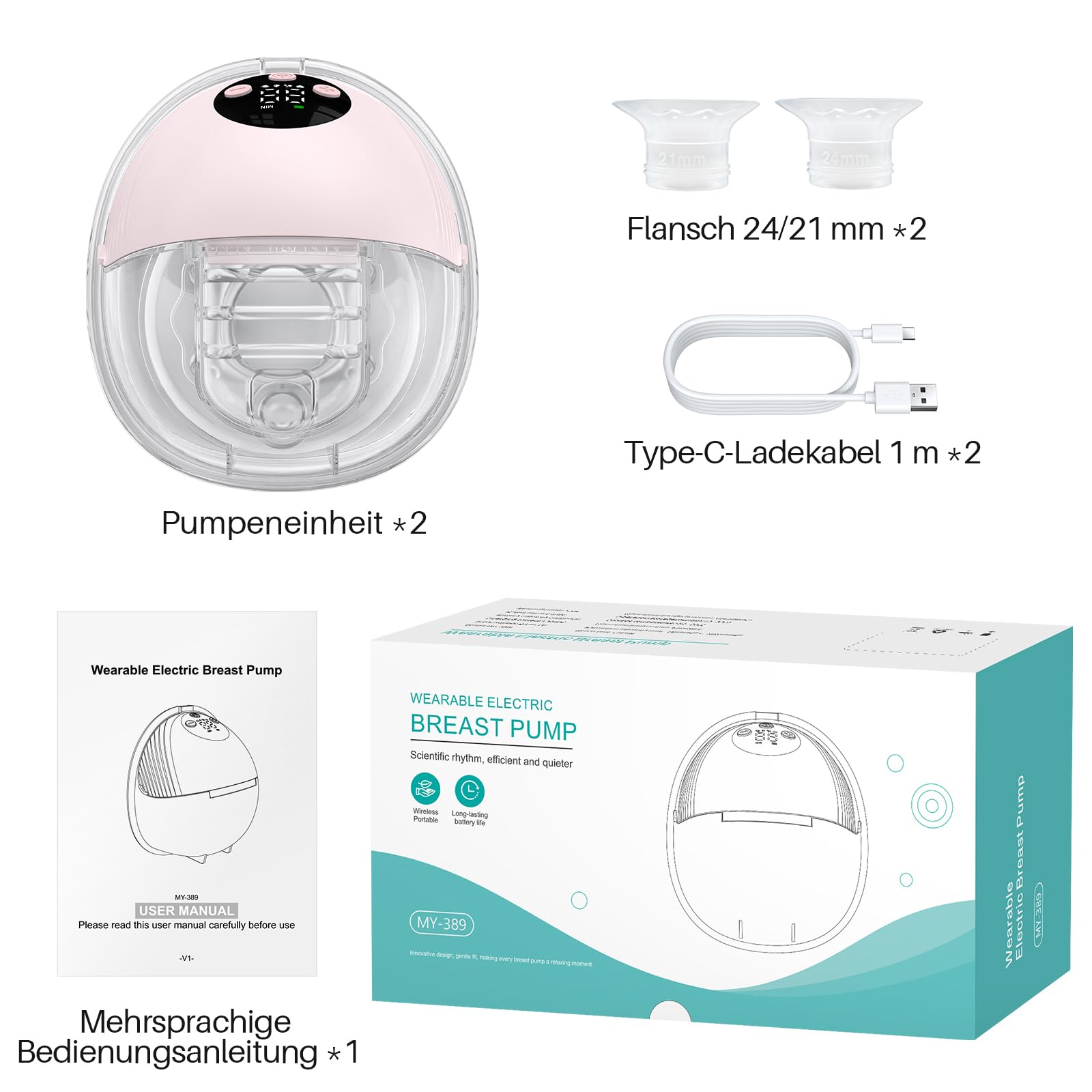 FUNYKICH Milchpumpe Elektrisch freihändig tragbar Leiser BPA-frei (2PCS) | 4 Modi, 12 Stufen mit 21/24/27mm Flanschen, Auslaufsicheres Design, 217g leicht, LED, 1000mAh Akku, Memory-Funktion