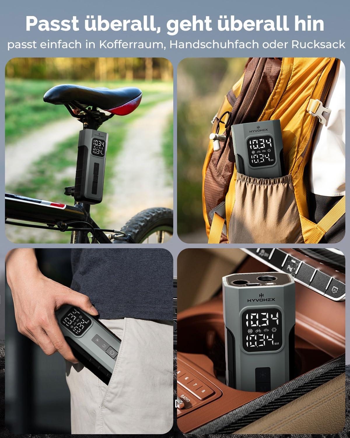 HYVOHEX Elektrische Luftpumpe,Akku Kompressor,Fahrradpumpe,1 Min Schnellbefüllung Kabelloser Luftkompressor mit Digitalem Manometer LED Licht,10.34 Bar Reifenkompressor mit LED Licht für Auto,Fahrrad