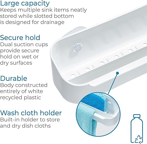 Miniatura 5 de iDesign Organizador de fregadero de succión de plástico reciclado con soporte para paño de lavado, 3.38 pulgadas de largo x 8.45 pulgadas de ancho x