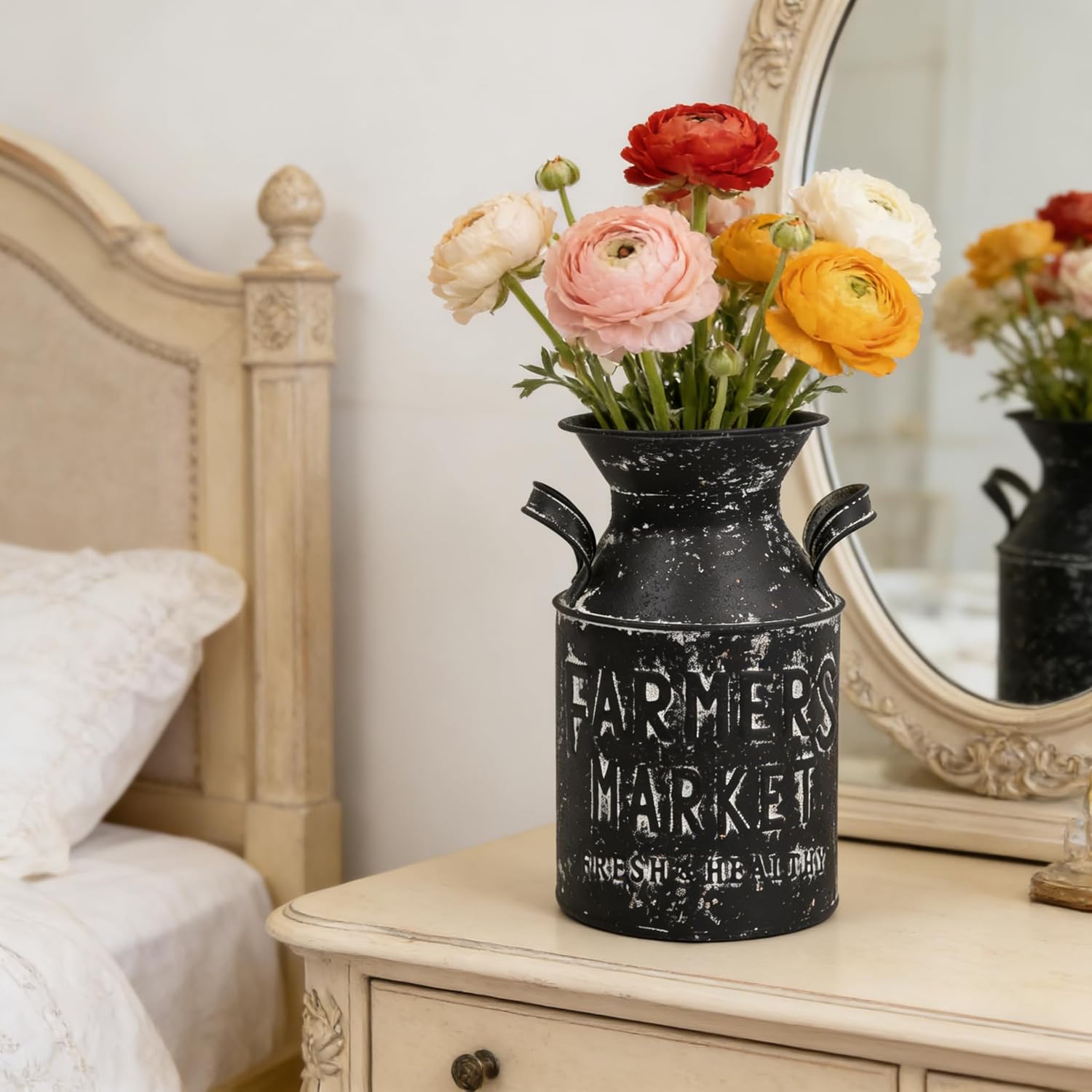 10.2" H Vintage Metal Milk Can Vase, Rustic Farmhouse Decorative Flower Vases, Distressed Pitcher Jug Vases for Indoor Outdoor Home Kithen Garden Table Centerpiece Decor