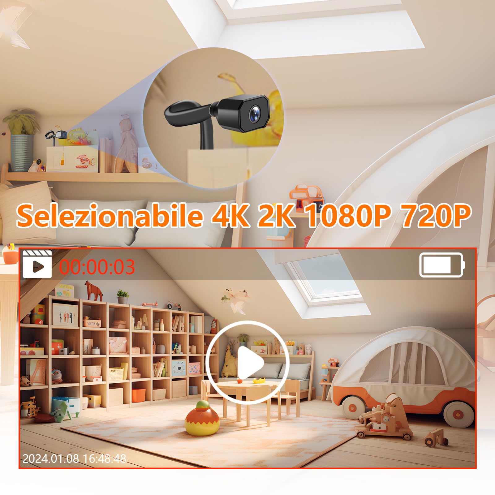 Mini Telecamera Spia Nascosta WiFi, 4K UHD USB Microcamera Spia WiFi Invisibile Plug and Play con Visione Notturna e Avviso di Rilevamento Movimento