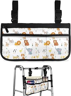 Cute Animals Zoo Wheelchair Side Bag Walker Bag, White Cartoon Tiger Lion Elephant Wheelchair Accessories Armrest Pouch, Organizer Storage Bag for Walkers, Rollators, Scooters, 7.3'x13'