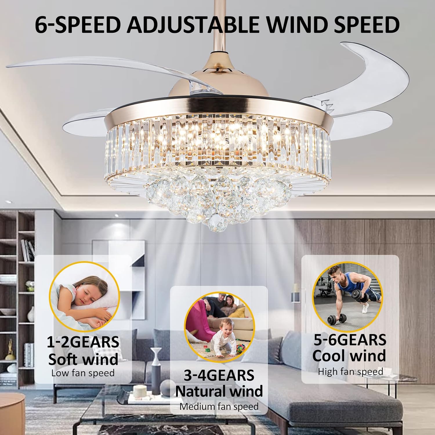 Crystal Ceiling Fans with Light,36” Retractable Chandelier Fan LED Dimmable Crystal Ceiling Fan Light Kits with Remote Control for Decorate Living Room Bedroom (Gold 36 Inch)