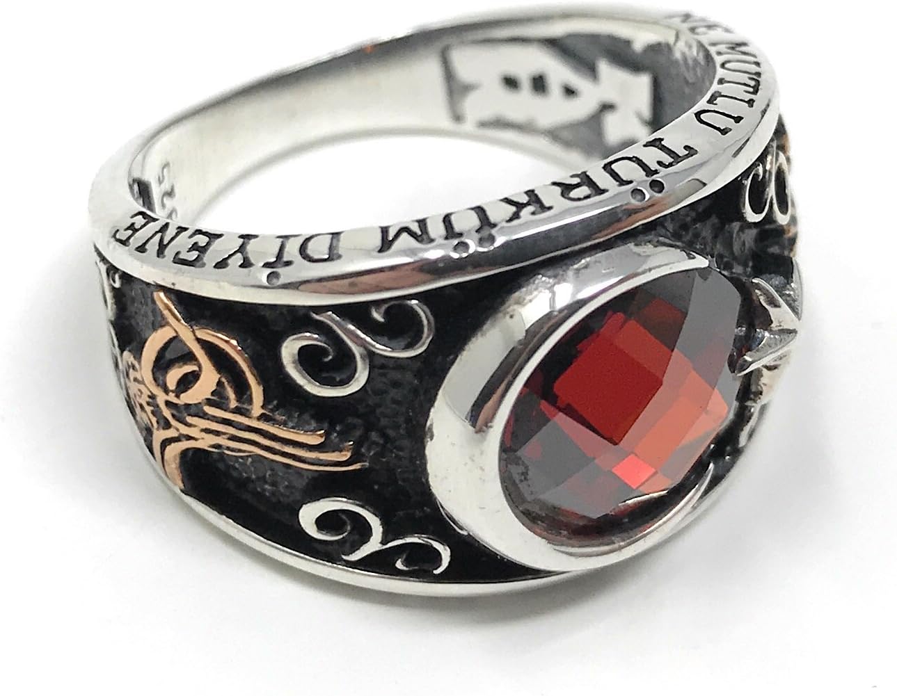 KAR 925K Stamped Sterling Silver Turkish Flag Ruby Red Zircon Men's Ring K4F