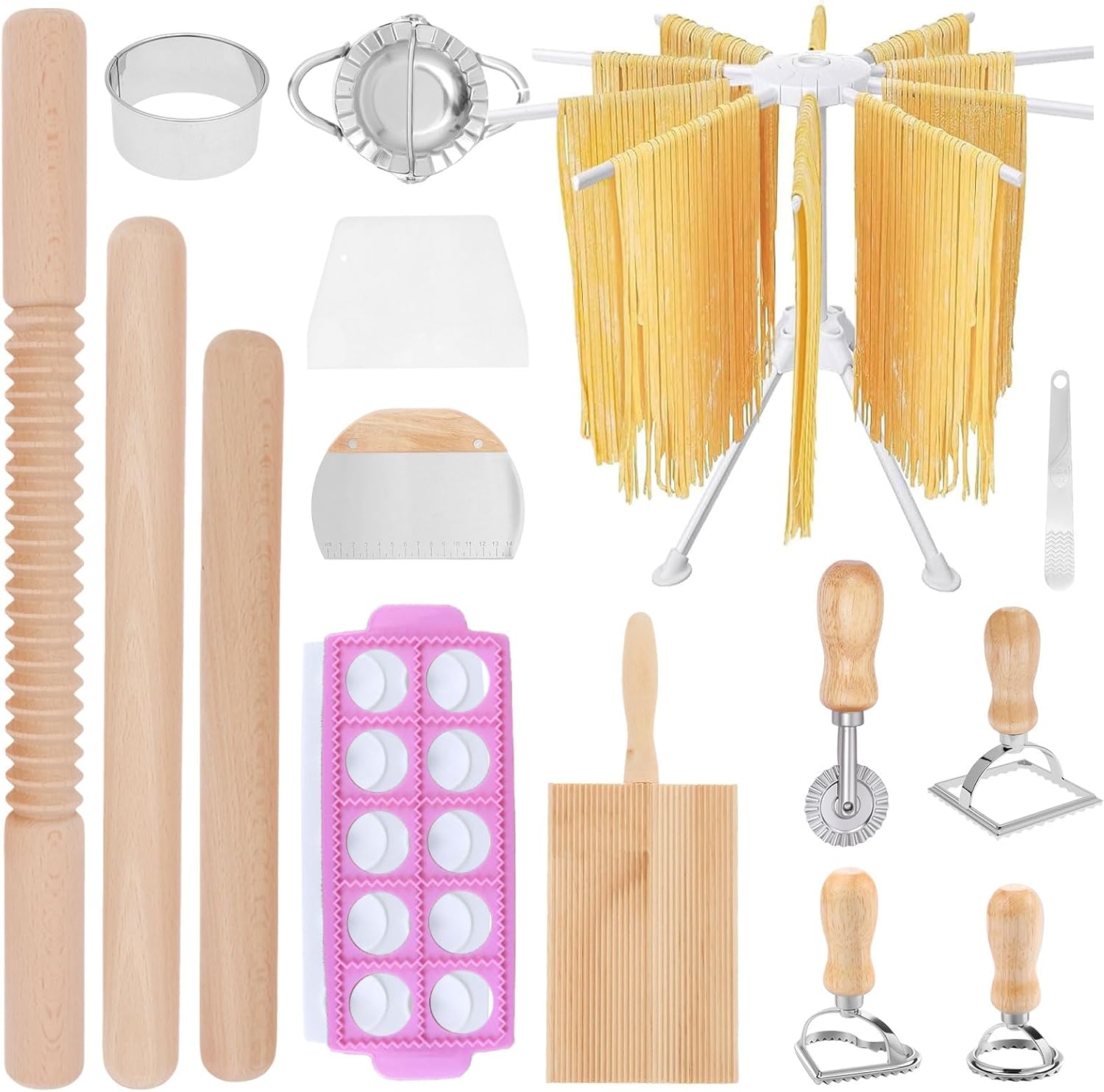 15 PCS Pasta Making Tools Set Include 1 Pasta Drying Rack, 1 Gnocchi Board, 3 Rolling Pins, 1 Filling Spoon, 2 Dough Cutter, 1 Ravioli Maker, 1 Ravioli Cutter, 3 Pasta Stamps, 2 Dumpling Maker Tools