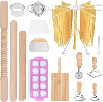 15 Pcs Pasta Making Tools Set - Pasta Drying Rack, Wood Gnocchi Board, 3 Rolling Pins, Filling Spoon, 2 Dough Cutter, Ravioli Maker, Ravioli Cutter, 3 Pasta Stamps, 2 Dumpling Maker Tools