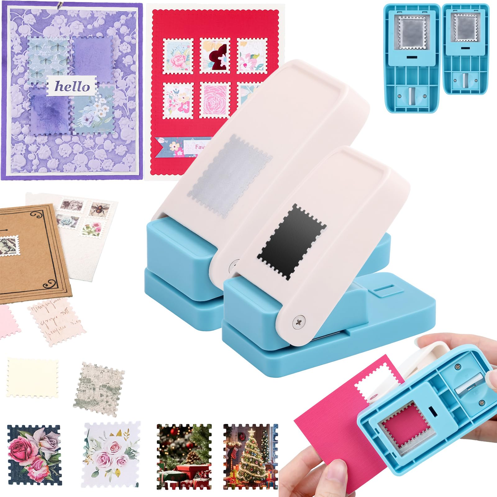 OTCRAFT 2Pcs/Set Stamp Puncher 1.25x1.5inch &1x0.8inch Rectangular Postage Stamp Punch |Stamp Hole Puncher| Lever Action Paper Punches for Crafting Scrapbooking DIY Card Making Arts Crafts Supplies — image 1