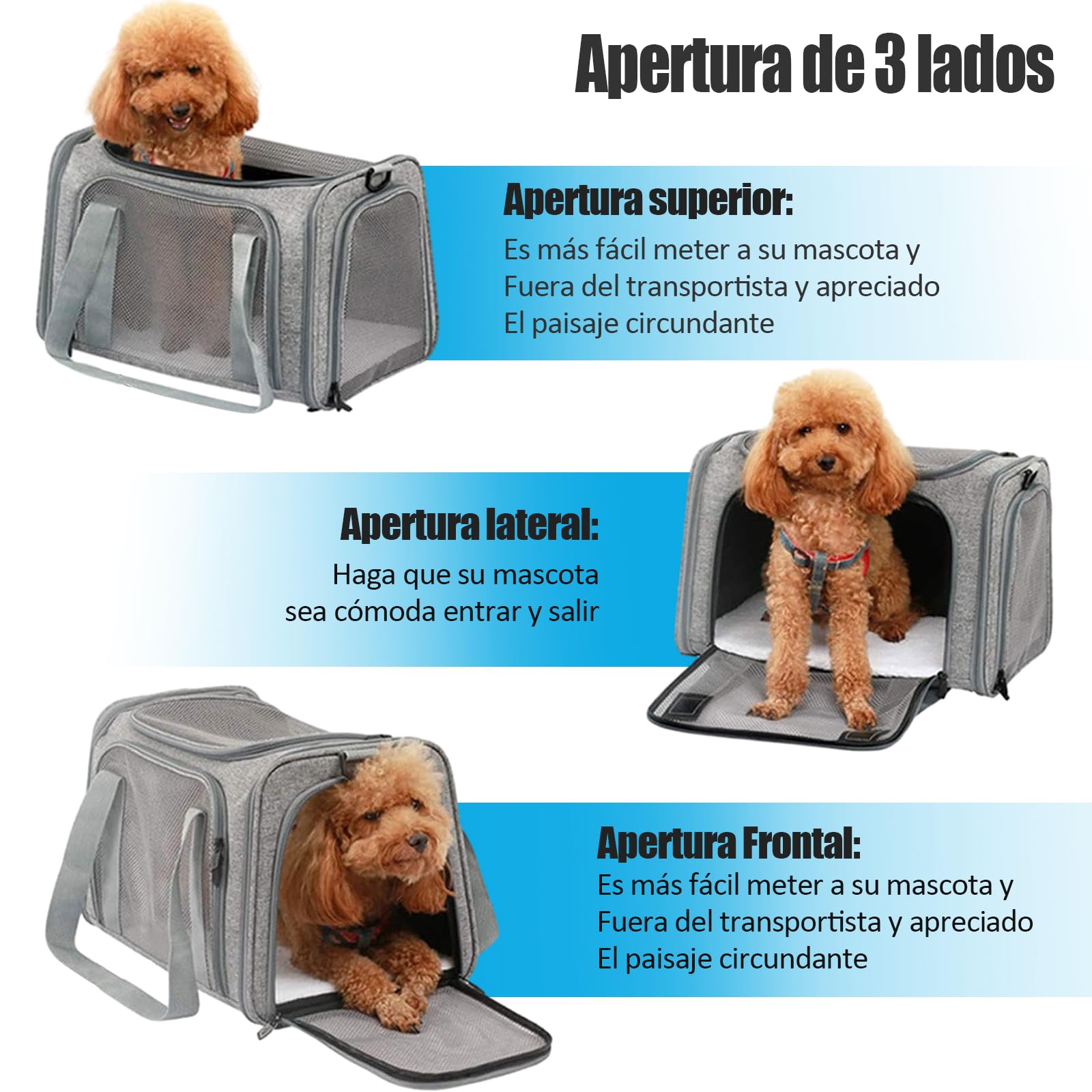 Transportín para Perros Bolsa, Bolsa Transporte Transpirable para Mascotas, Correa de Hombro Ajustable y Colchón Suave, Soporta 8 kg, Transportin Animal (Gris, L 43 x W 28 x H 28 cm)