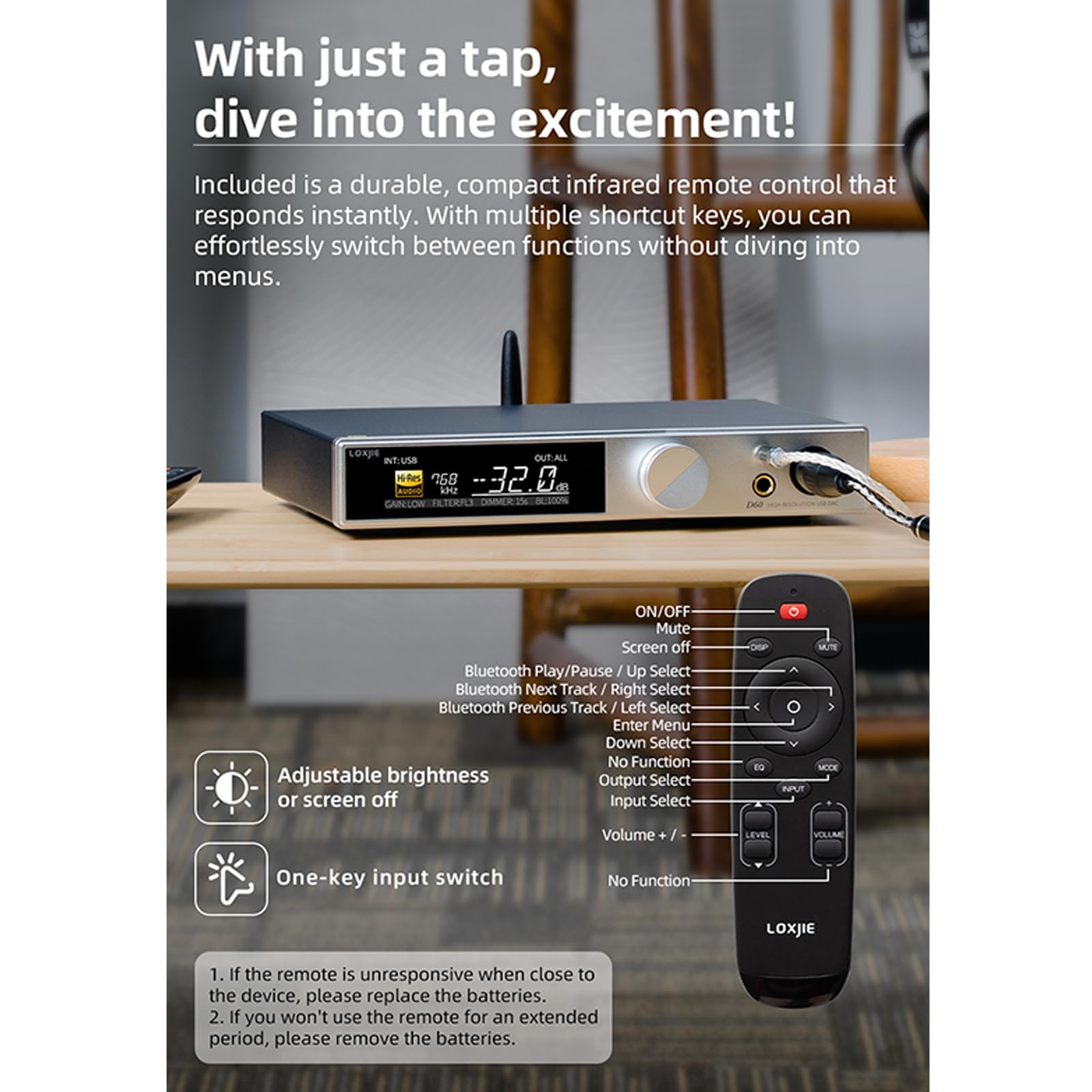 LOXJIE D60 Audio-DAC- und Kopfhörer-Verstärker, voll ausbalanciert, 6000 mWx2, 6,35 mm/4,4 mm/XLR/Cinch-Ausgang, ES9039MSPRO Bluetooth 5.1, 32 Bit, 768 kHz, DSD512 MQA-CD (Silber)