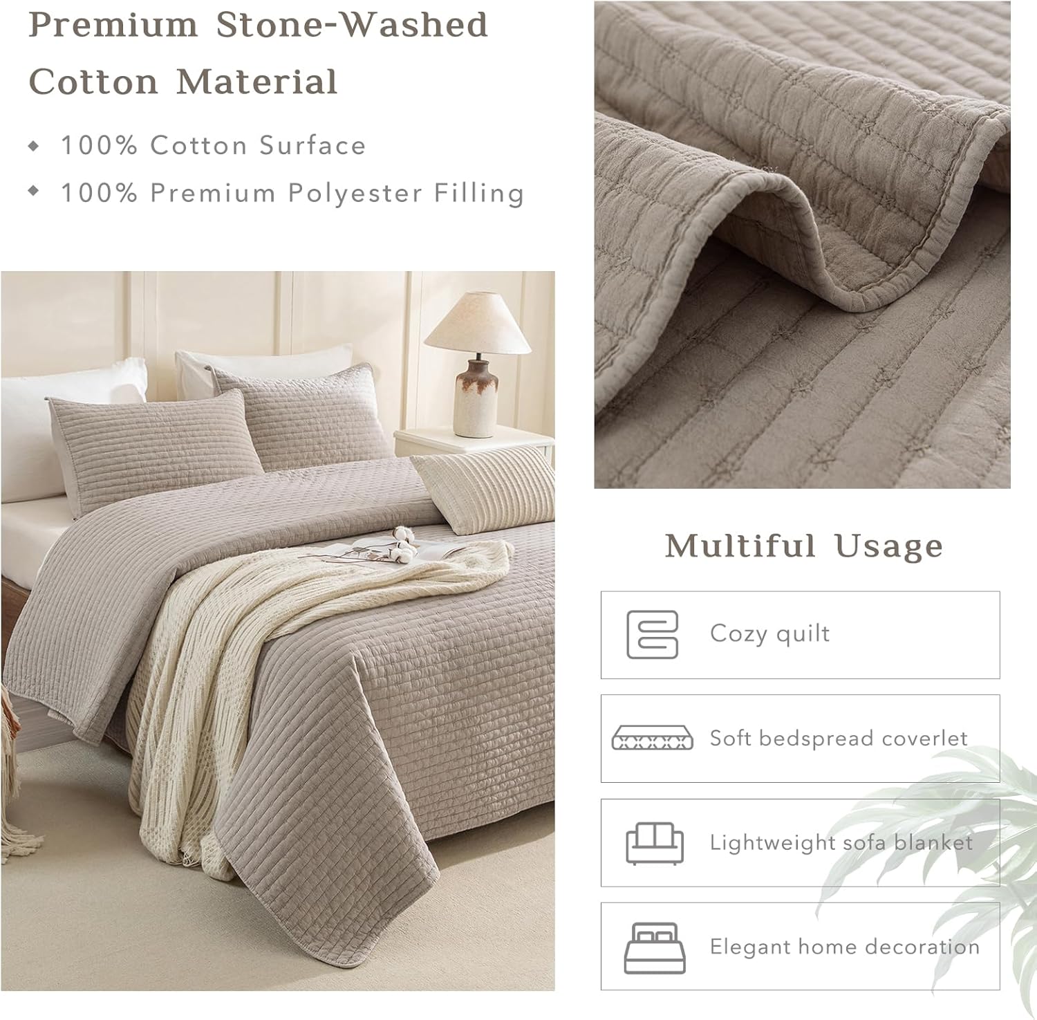 CozyTide Oversized King Bedspread 128x120,Stone-Washed Cotton Linen Colored Lightweight Quilt Set 3Pcs Soft Farmhouse Extra Large King Quilt Coverlet Bedding Set for All Season - Image 4