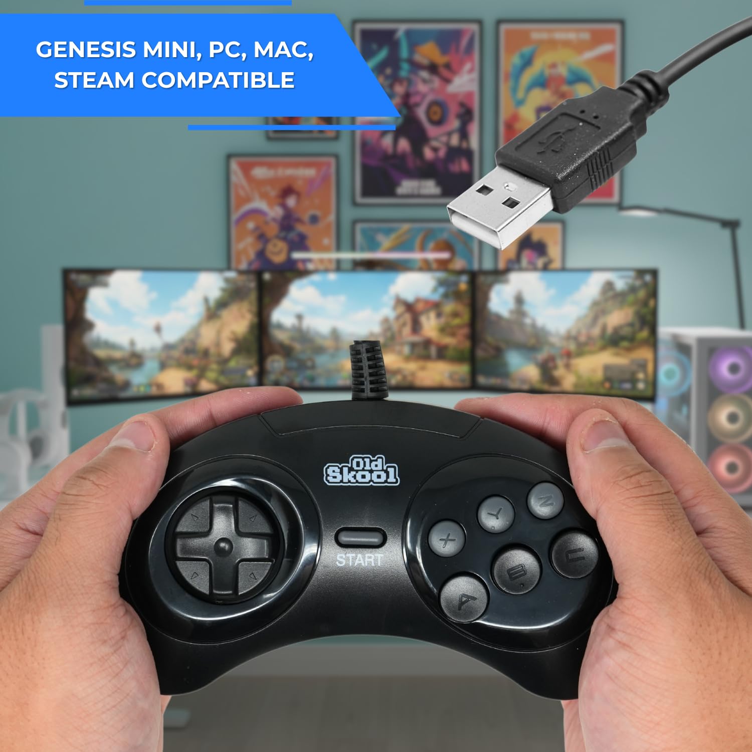 Old Skool USB Controller 6-Button Arcade Pad Compatible with Sega