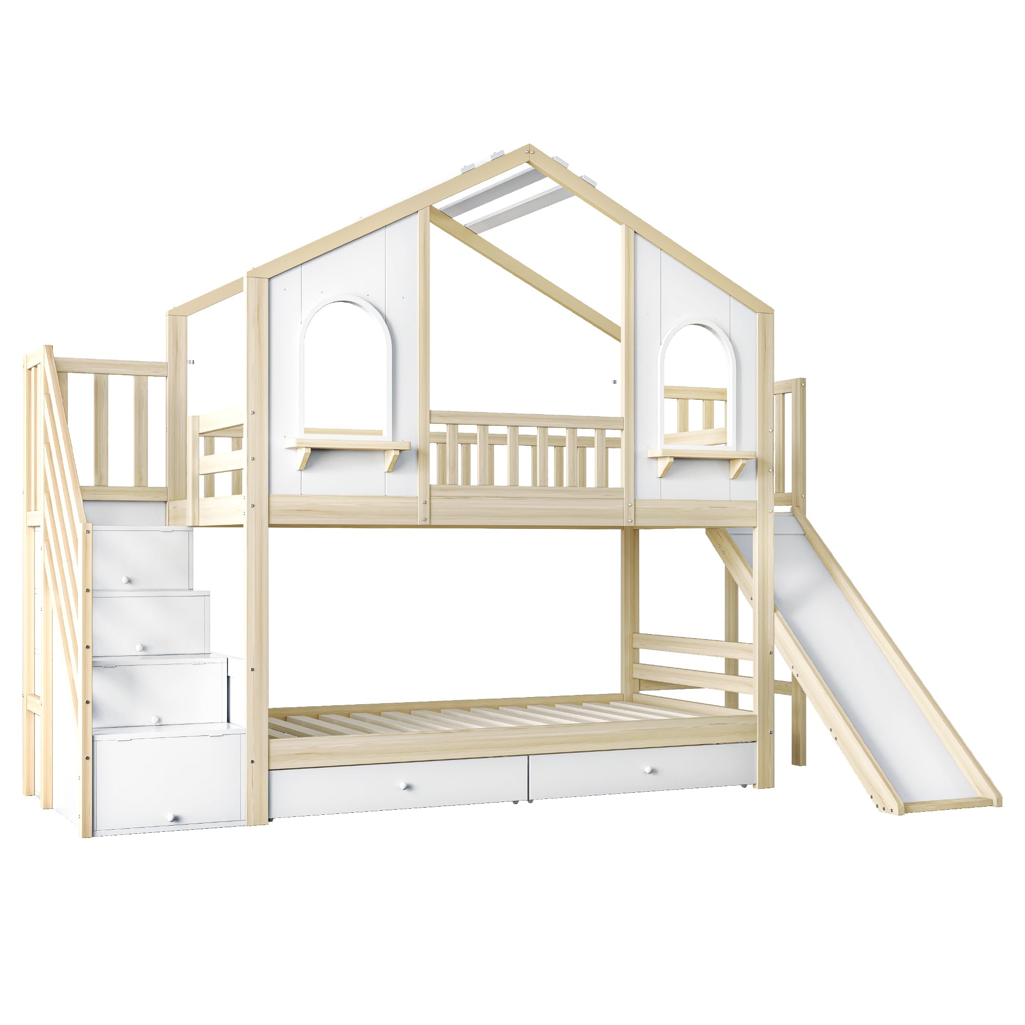 Dolamaní Kinderbett Hausbett 90x200 cm, Hochbett mit Treppe und Rutsche, Etagenbett 2 Betten mit Lattenrost & Stauraum, 2 Schubladen, Kiefer Holz, Bettgestell Holzbett, ohne Matratze (Natur + Weiß)