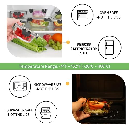 Miniatura 3 de HOMBERKING 9 juegos de recipientes de vidrio para almacenamiento de alimentos con tapas de bloqueo, recipientes de vidrio para preparación de