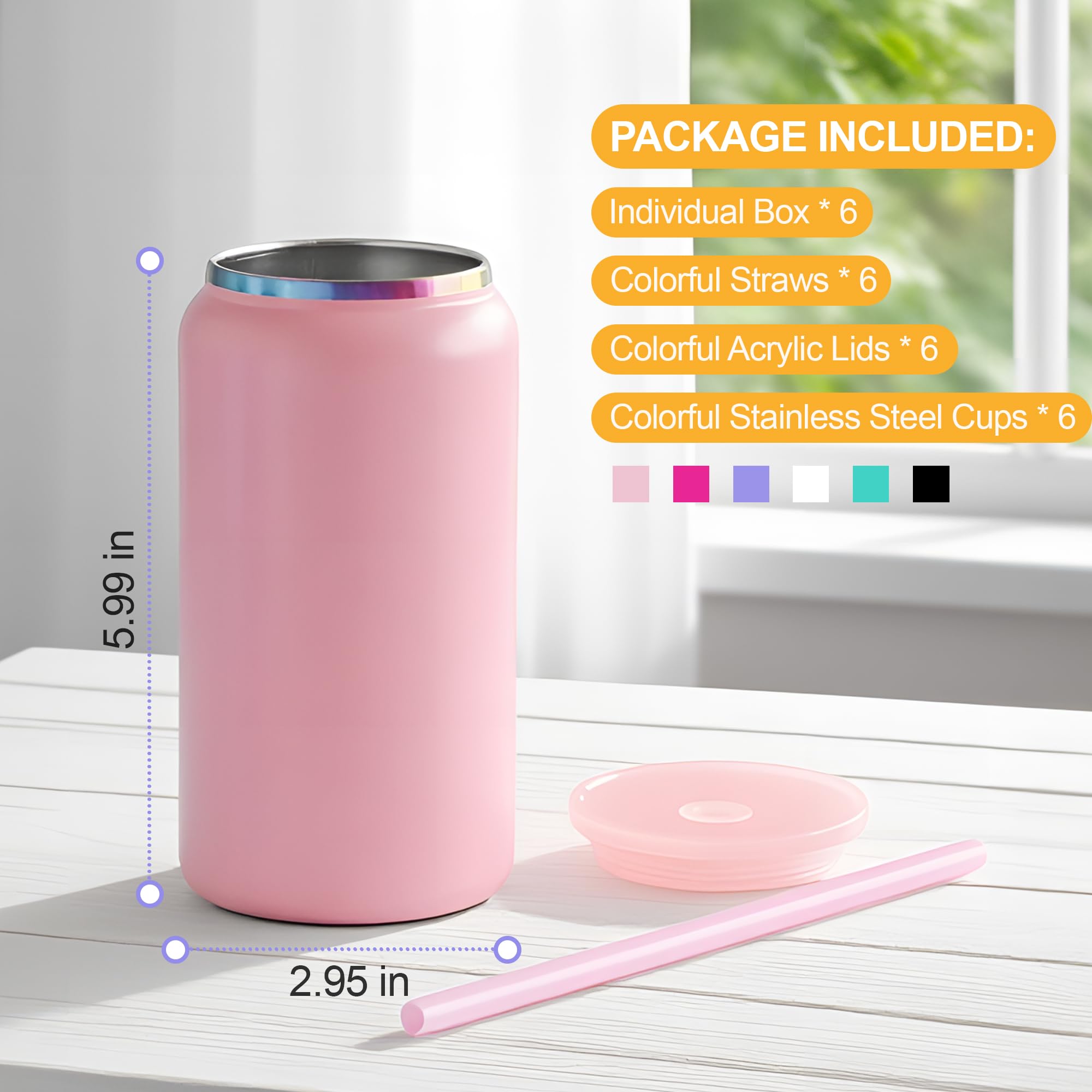 6er-Pack Glasbecher mit Deckel und Strohhalm, unzerbrechlicher 16-oz-Dosenbecher aus Edelstahl, doppelwandig, isoliert, Bierdosenbecher für Eiskaffee, Saft, Limonade, matt gefärbt