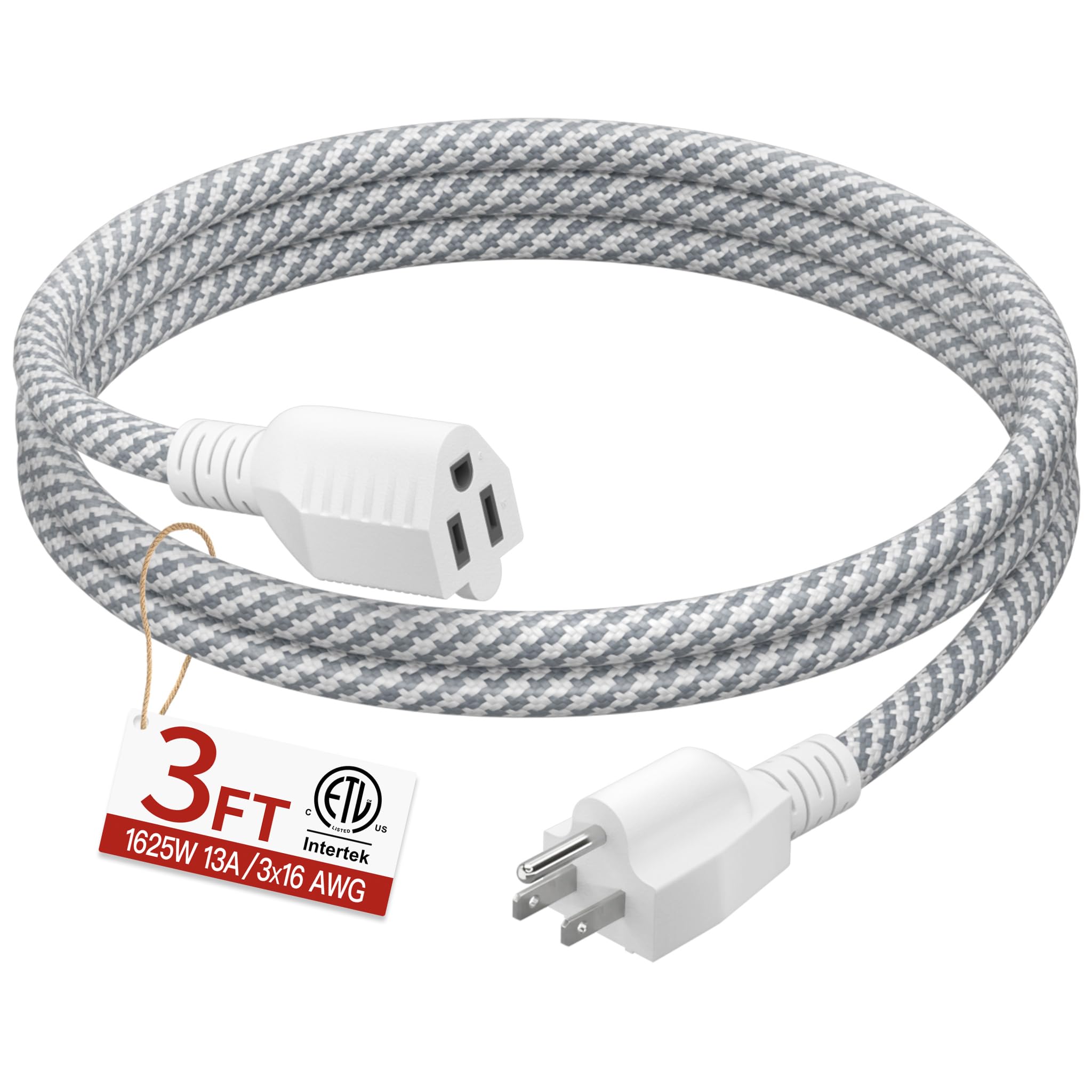 Skrizcable 16/3 3 FT Braided Extension Cord Indoor, 3 Prong Power Cable