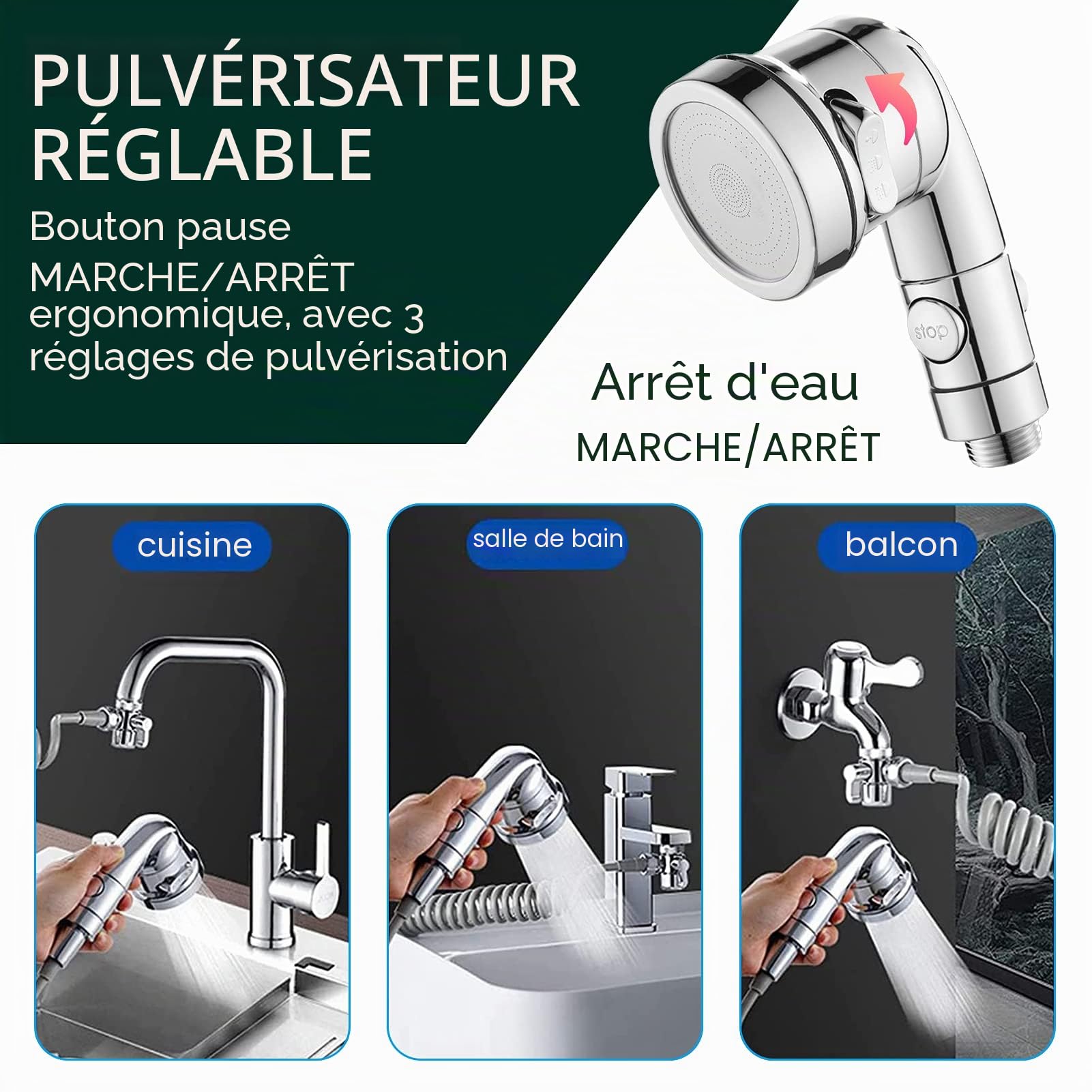 3 Modes Douchette Lavabo Salle de Bain avec Tuyau Télescopique de 2m et Support, Ensemble Pommeau Douche pour Lavabo avec 3 Voies Valve Inverseur de M22-24 G1/2(Gris Tuyau)