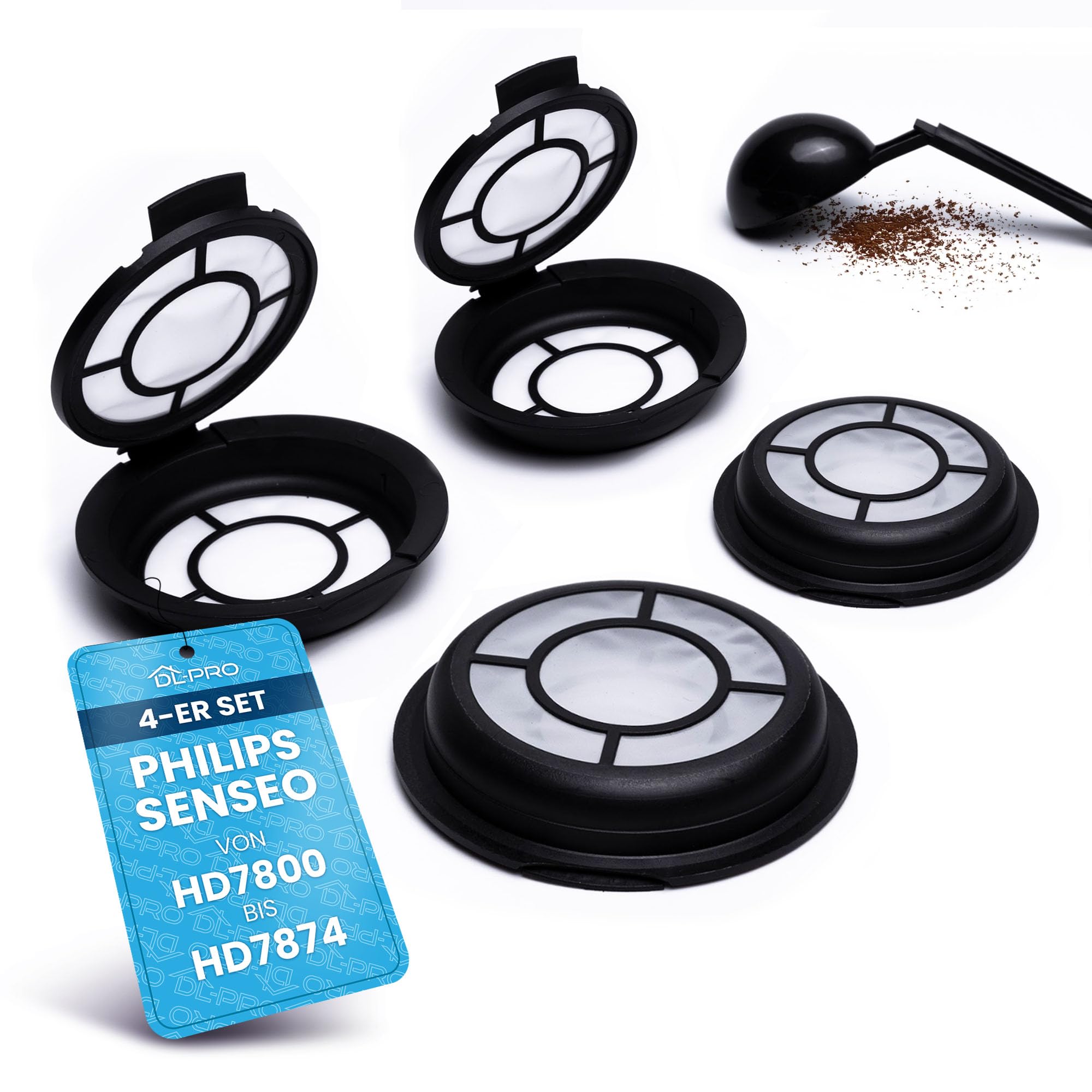 4 x Coffee Pads Coffee Filter for Melitta 180424 Refillable Permanent Pad Filter for Senseo Coffee Machine HD7800 to HD7874 4 with Coffee Powder Spoon