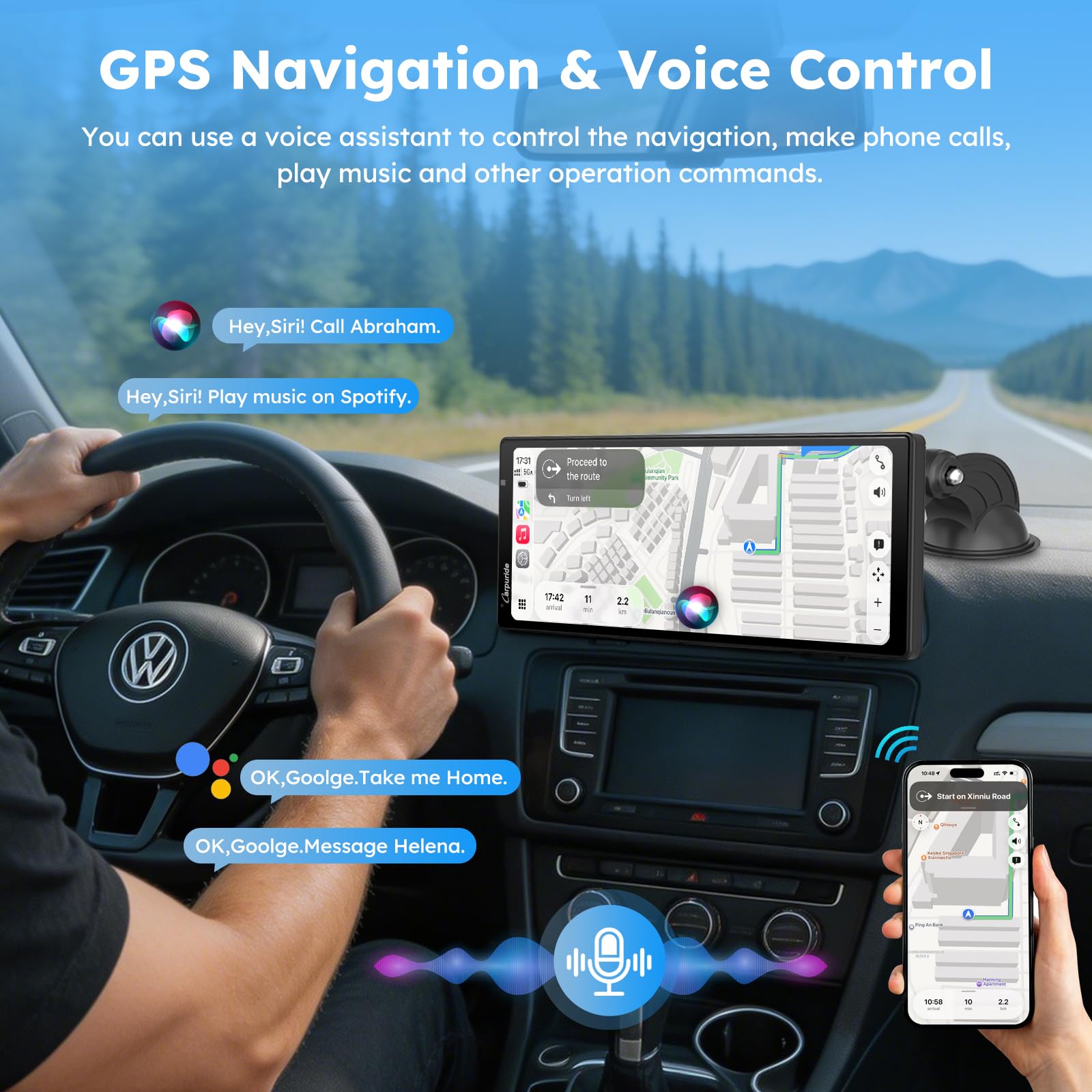 CARPURIDE W903S3 9,3-Calowy Wyświetlacz HD z Bezprzewodową CarPlay i Android Auto, przednią 4K + przewodową tylną 1080p + kamerą podczerwieni, funkcją Loop-Aufnahme, GPS, FM, BT, Super Link