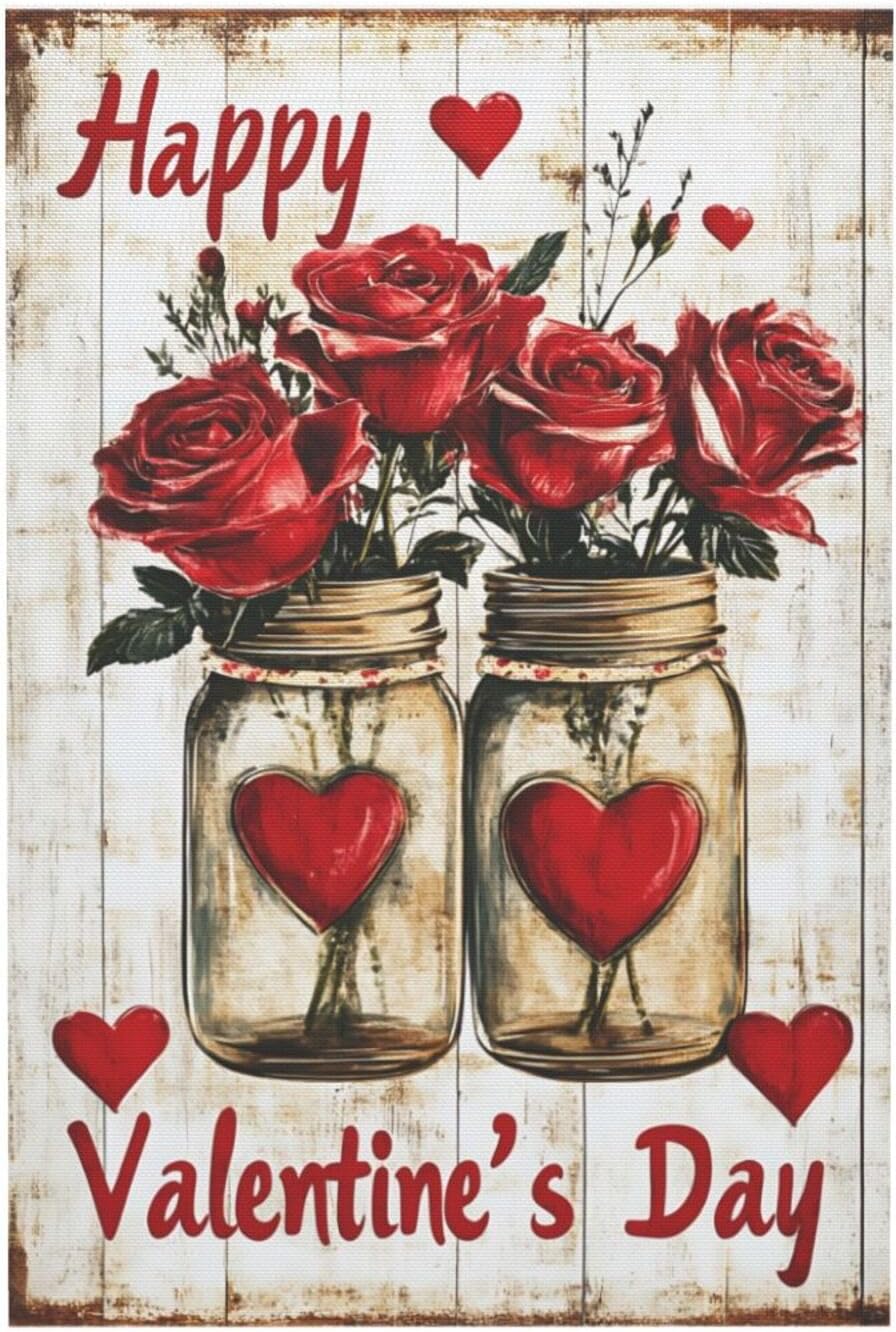 Valentine's Day Rose Flower Hearts Canvas Wall Art,Valentine Day Sign Red Floral Canvas Art,Rustic Retro Holiday Decor,Happy Valentine's Day Poster Painting Picture Home Wall Decor,20x30in Unframed