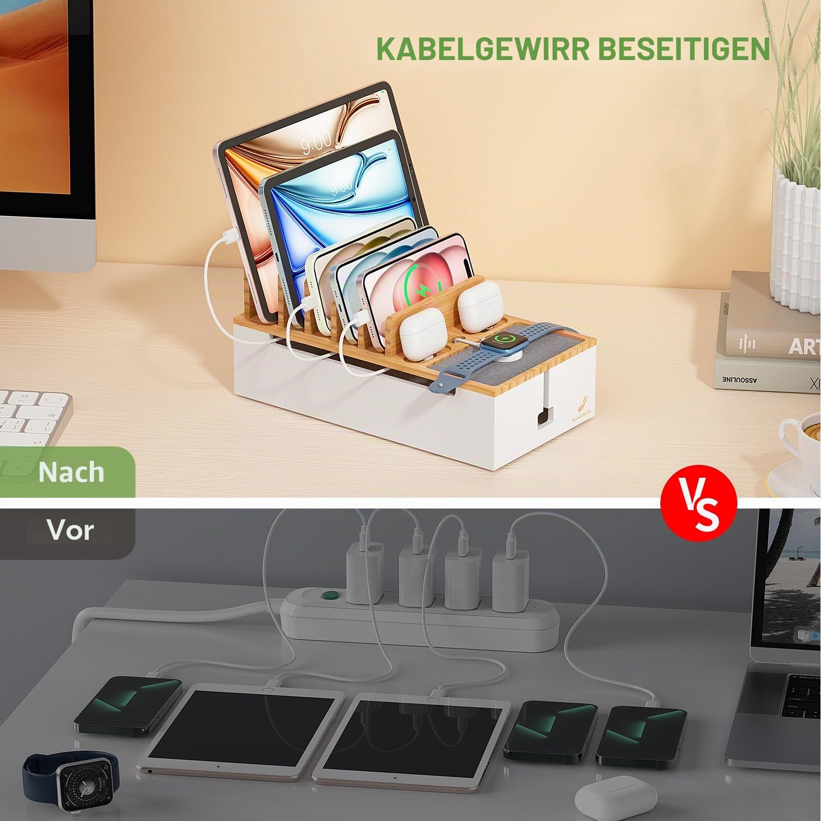 Pezin & Hulin Bambus-Kabel-Management-Box, Draht-Organizer für Kabel, Ladestation, Desktop-Dock-Organizer-Rack für elektronische Geräte (inkl. 6 Kabel) (ohne Netzadapter) – Natur + Weiß