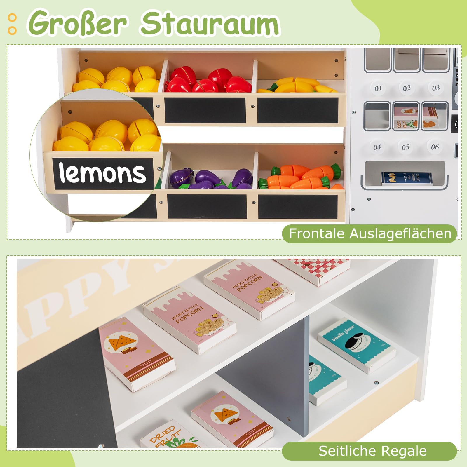 COSTWAY Kinder Kaufladen mit Einkaufswagen, Kaufmannsladen Holz mit Verkaufsautomat Spielzeug, Kasse, Ladentheke, Schiefertafeln, Regale & Spiellebensmittel, Supermarkt für Kinder ab 3 Jahren