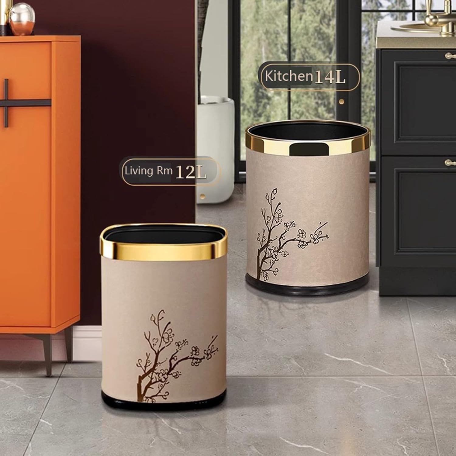Trash Can Luxury Metal Waste Bin with Leather Cover,Open Top Office Wastebasket,Double Layer, Round Shaped (Golg Carve with Gold Ring)