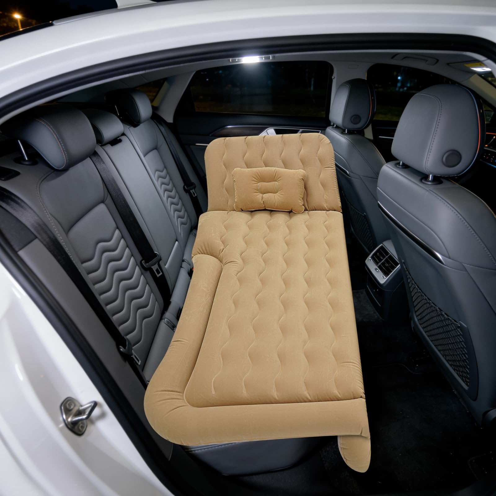 Matelas gonflable pour siège arrière de voiture, amovible, portable, matelas gonflable multifonction avec 2 coussins et pompe à air électrique (beige) pour camping, voyage, extérieur, SUV