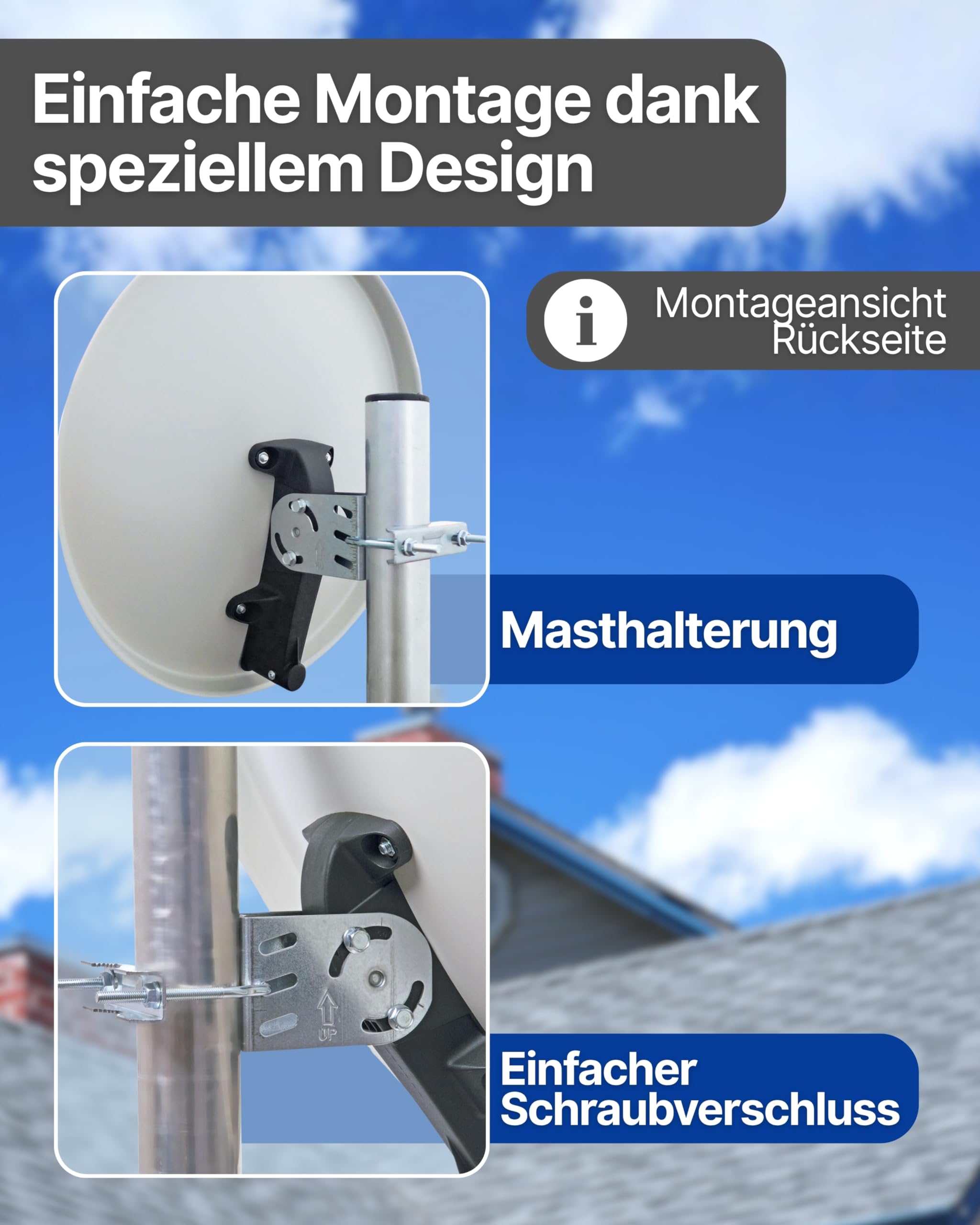 SCHWAIGER Satellitenschüssel I Ø 40 cm Stahl Offset Antenne in hellgrau I Multifeed geeignet & wetterfest I SAT Schüssel mit LNB Tragarm & Masthalterung I maximale Empfangsleistung 32,6dB