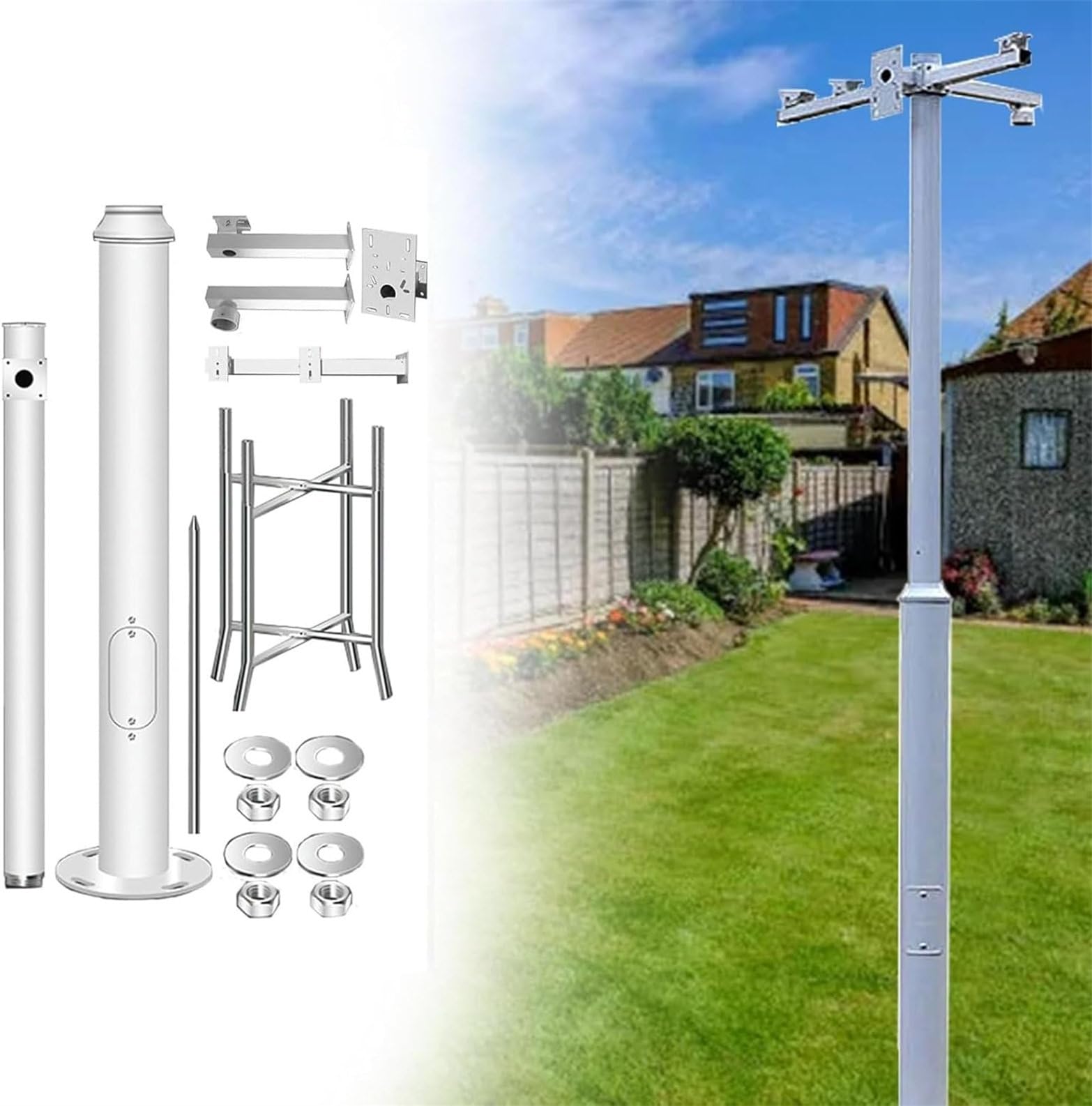 Nuxyyds Heavy Duty Surveillance Pole with Mounting Arms, Adjustable Height and Angle Security Camera Pole for Outdoor Use in Backyard, Parking Lot & Garden, Ground Mount Stand 8.2ft~2.5m