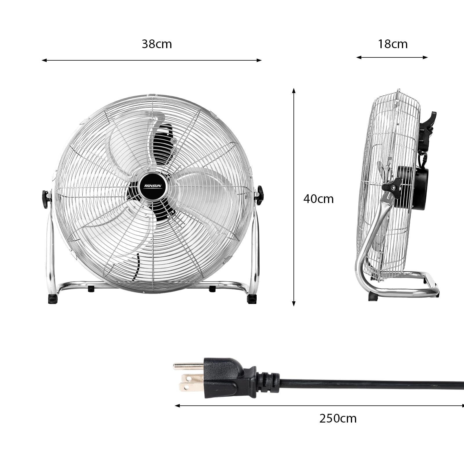 ROVSUN Ventilateur de Sol 30cm, 60W, Ventilateur Industriel en Métal Robuste, 3 Vitesses, Grille Amovible, Poignée Transport, 90-180° Réglable, pour Salon, Garage, Sous-sol, Atelier, Argenté