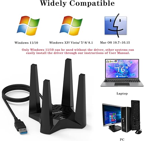 Miniatura 3 de Adaptador WiFi USB para PC de escritorio, adaptador WiFi AC1900 Adaptador de red inalámbrica de doble banda con antenas de alta ganancia de 2.4 GHz5