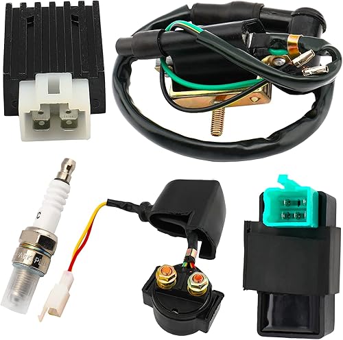 Caja CDI de 5 pinesBobina de encendidoregulador de voltajerelé solenoideA7TC Kit de bujías para ATV chino Dirt Bike y Go Kart Apollo Taotao Roketa