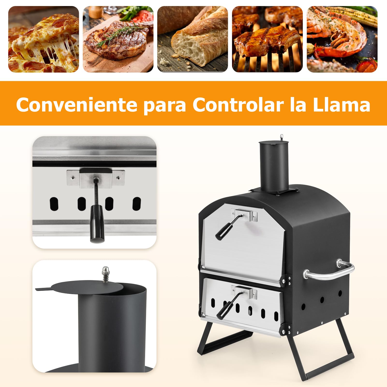 GOPLUS Horno de Pizza al Aire Libre con 31cm de Piedra, Calentador de Pizza con 2 Niveles y Patas Plegables, Horno de Pizza de Acero Inoxidable para Barbacoa, Horno de Leña Carbón Hasta 605ºC