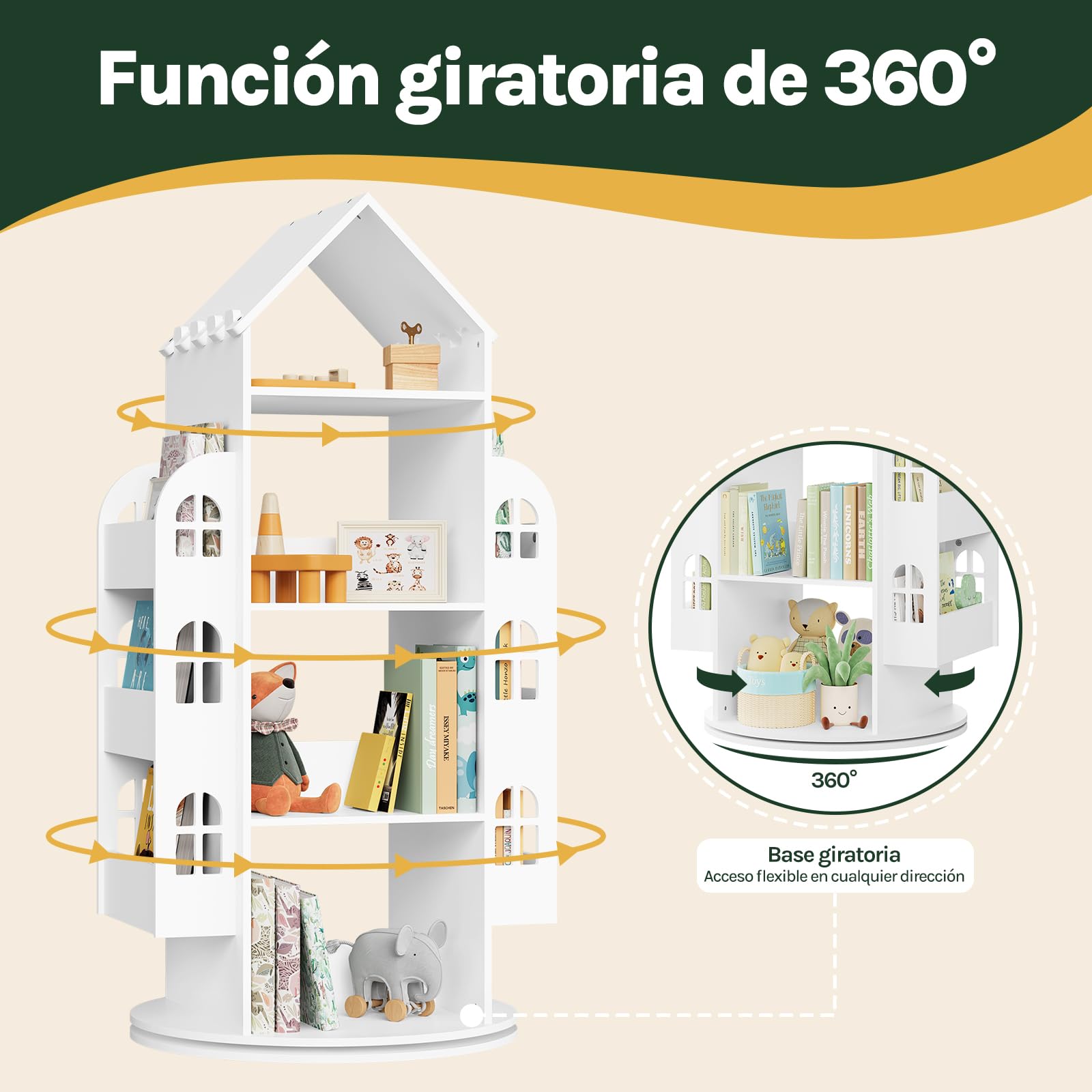 WOLTU Libreria Infantil Giratoria de 4 Niveles, Estanteria Infantil para Libros y Juguetes, Estantería Giratoria en Forma de Casita, 63x59x125 cm, Blanco
