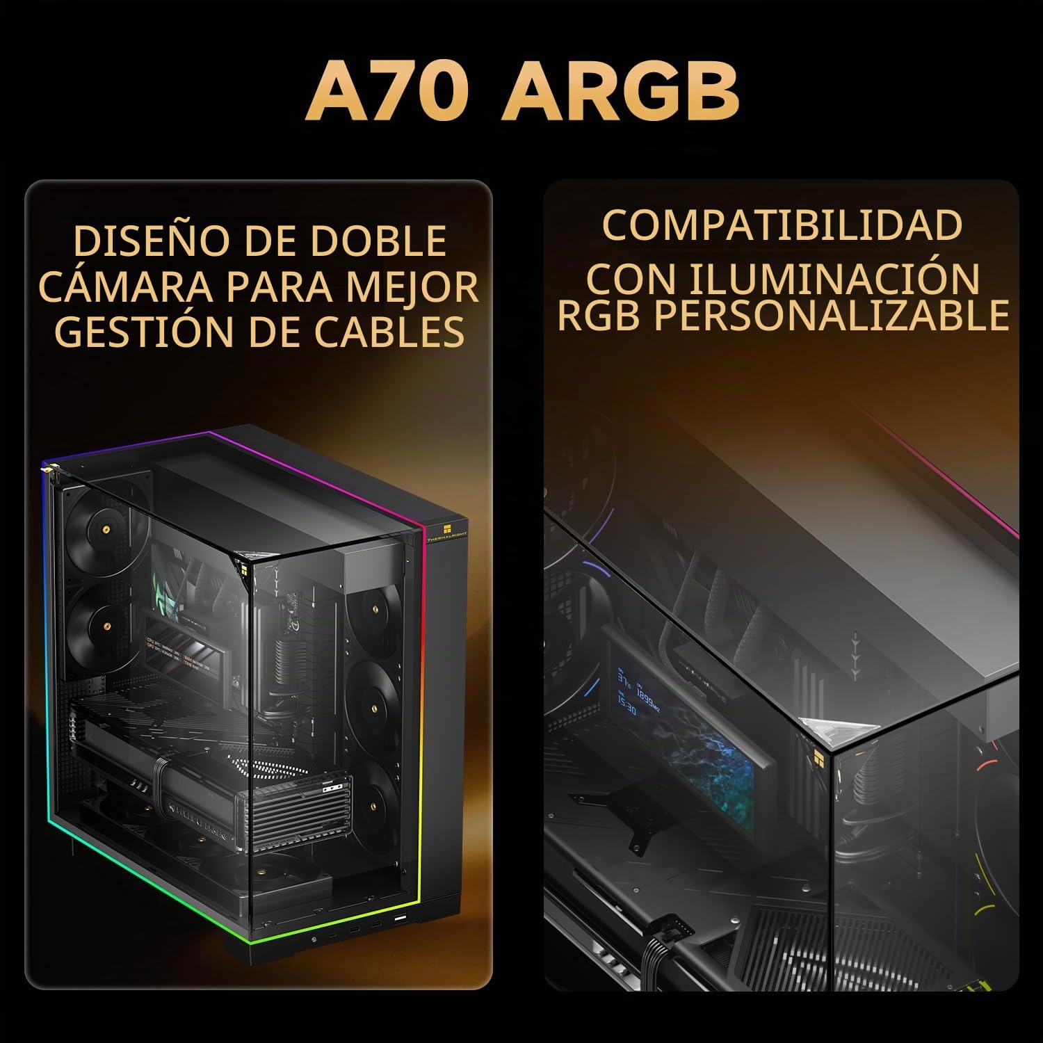 Thermalright Caja para PC A70 ARGB, Cristal Templado panorámico de 270°, Carcasa ATX Mid Tower, Compatible con Placa Base ATX/GPU de 420 mm, Oculta, Color Negro, con Barra de luz ARGB