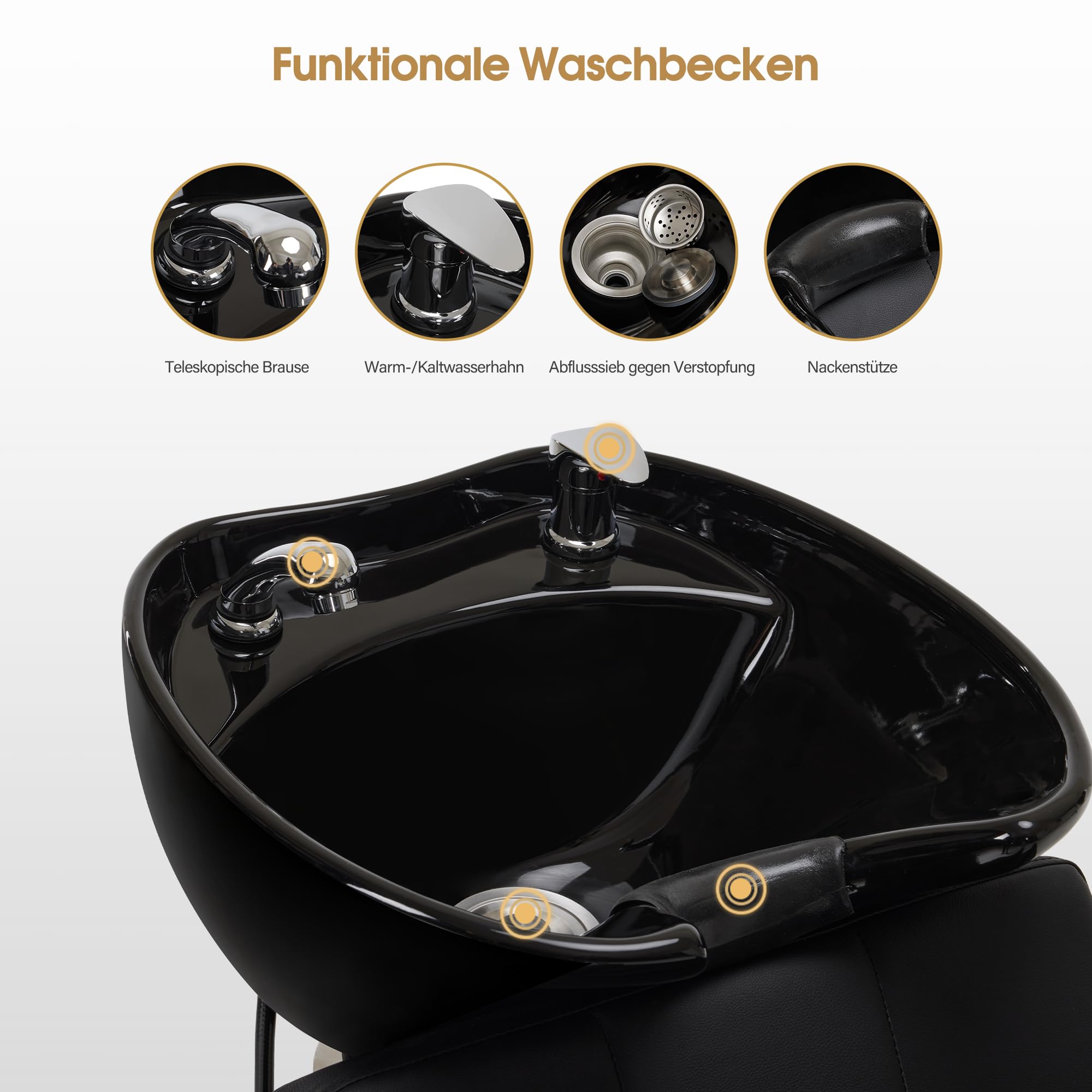 Barberpub W8010 - Silla de peluquería con lavabo, lavabo de cerámica ajustable, sillón de lavado hacia atrás para spa y peluquería (negro)