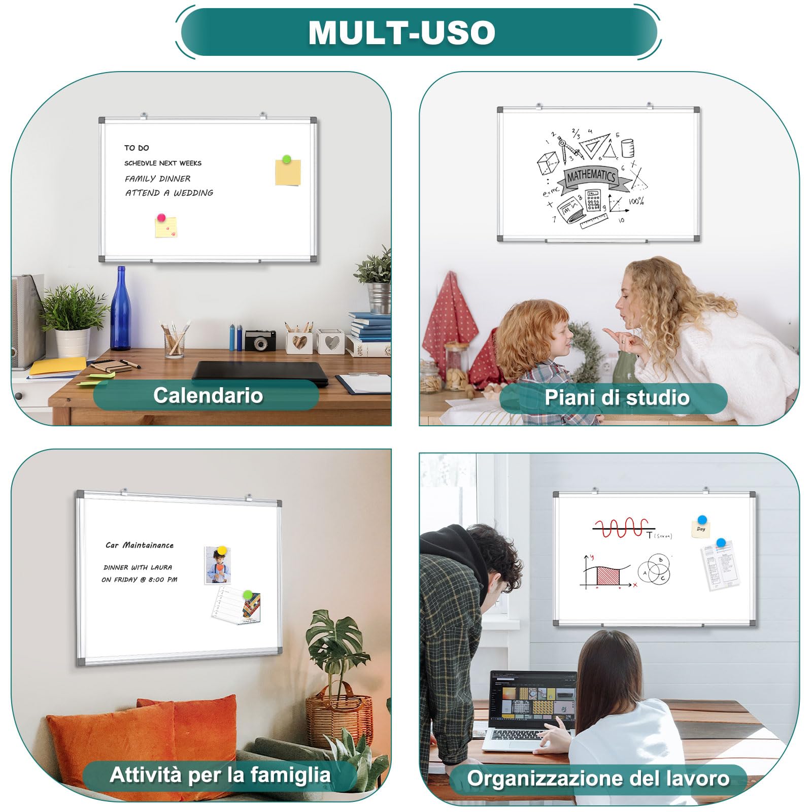 Lavagna Magnetica 40x60 Cm Con Cornice Alluminio - Cancellabile A Secco, Con Vassoio E Magnet | Per Ufficio, Casa E Scuola - Foto 4