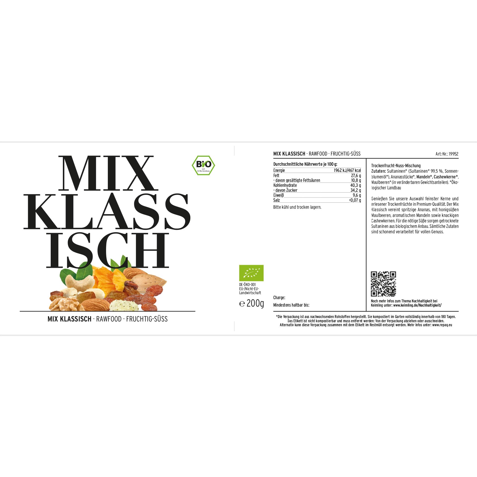 Bio Keimling Mix „Klassisch“, gekeimte Nüsse, Saaten & Körner, roh, vegan, naturbelassen, ohne Zuckerzusatz, ideal für Müsli, Bowls & als Snack (200 g)