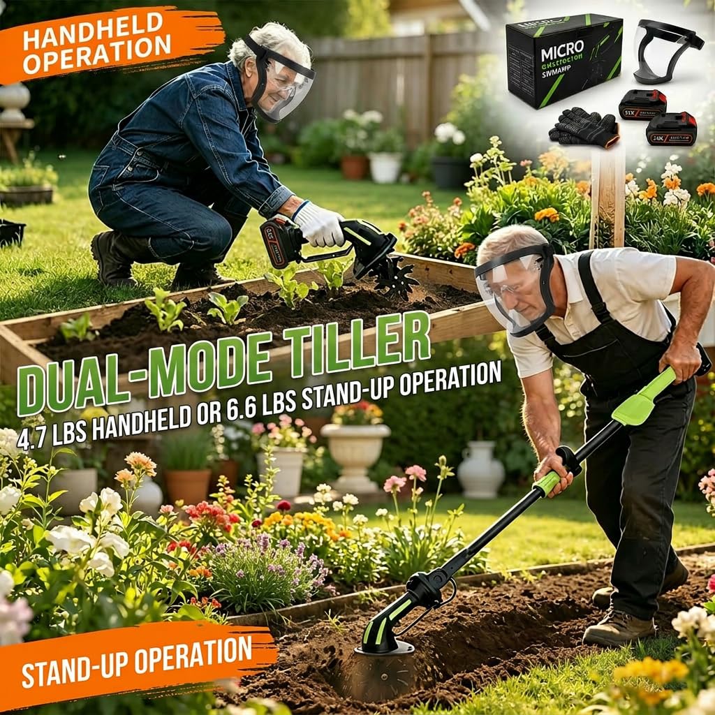 2026 New 24V 2 in 1 Cordless Tiller and Cultivator with Extension Pole,Cordless Tiller Cultivator,Handheld Tiller and Hand Held Cultivator for Garden,Weeding, Trenching (Green(2*Battery+1*Pole)) - 2