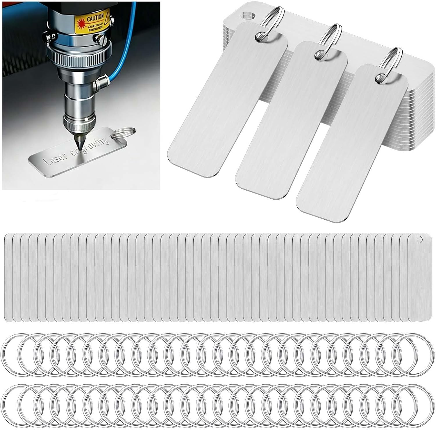 100Pcs 304 Stainless Steel Engraving Blanks with Key Rings, 2"x0.6" Metal Stamping Tags for Laser Engraving, Blank Engravable Keychains, Pet ID Tags & Custom Metal Business Cards
