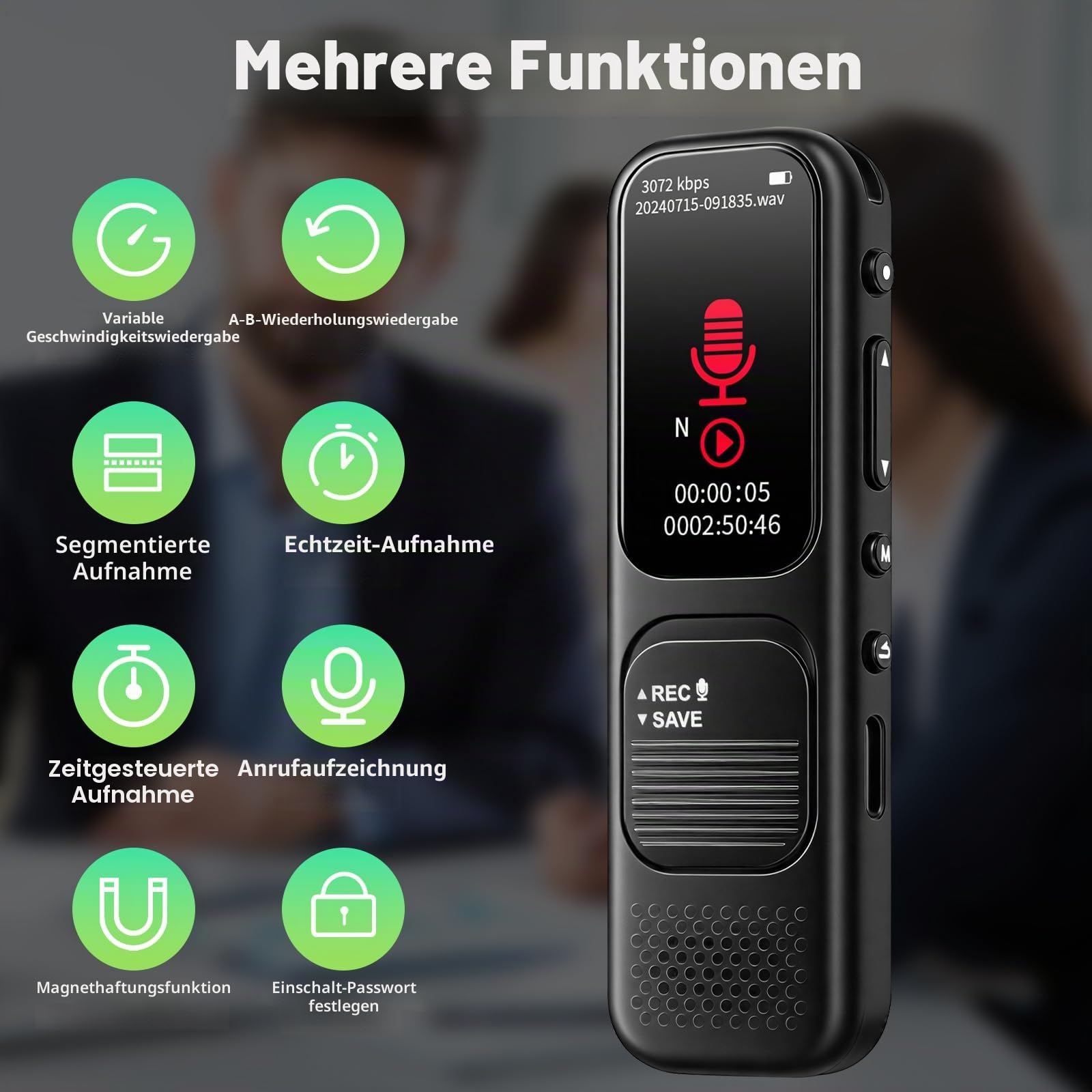 64 GB Diktiergerät Digital mini – 3072 Kpbs Magnetisches Sprachaktiviertes Aufnahmegerät mit DSP-Rauschunterdrückung für Anrufe/Interviews/Unterricht/Besprechungen