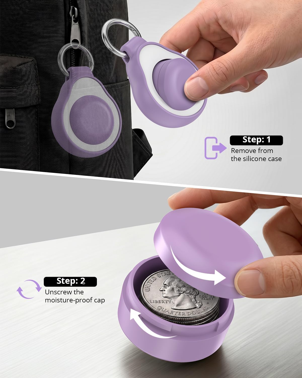 Portable Keychain Pill Holder & Small Pill Case for Purse, Purple image 3