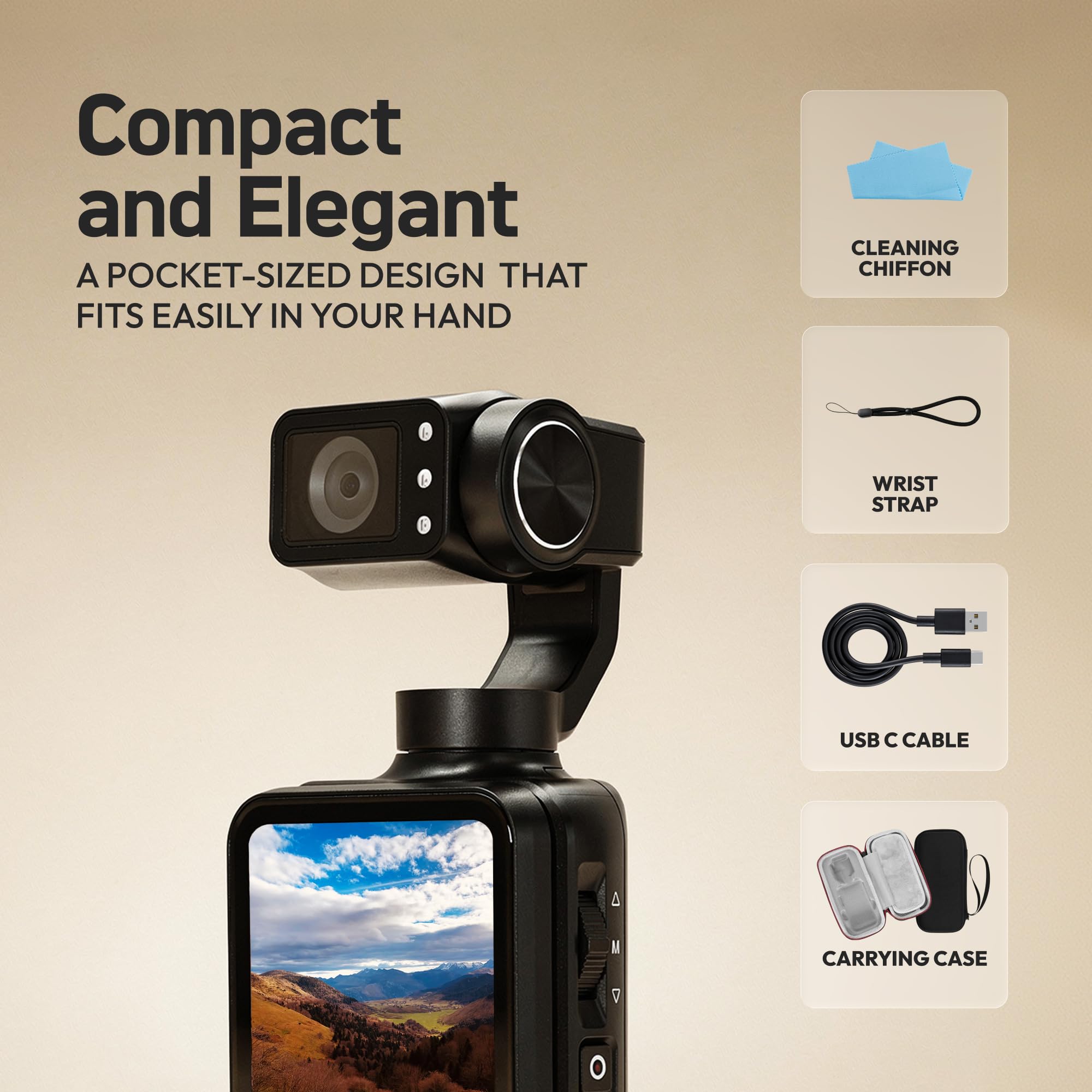 AGFA PHOTO Gimbal Realimove MC3X - Caméra Stabilisateur 3 Axes 4K Ultra HD, Écran Tactile Rotatif 3,5", 20 MP, Suivi de Visage, Vision Nocturne, Grand Angle 120°, Wi-FI, Autonomie 170 Min - Noir
