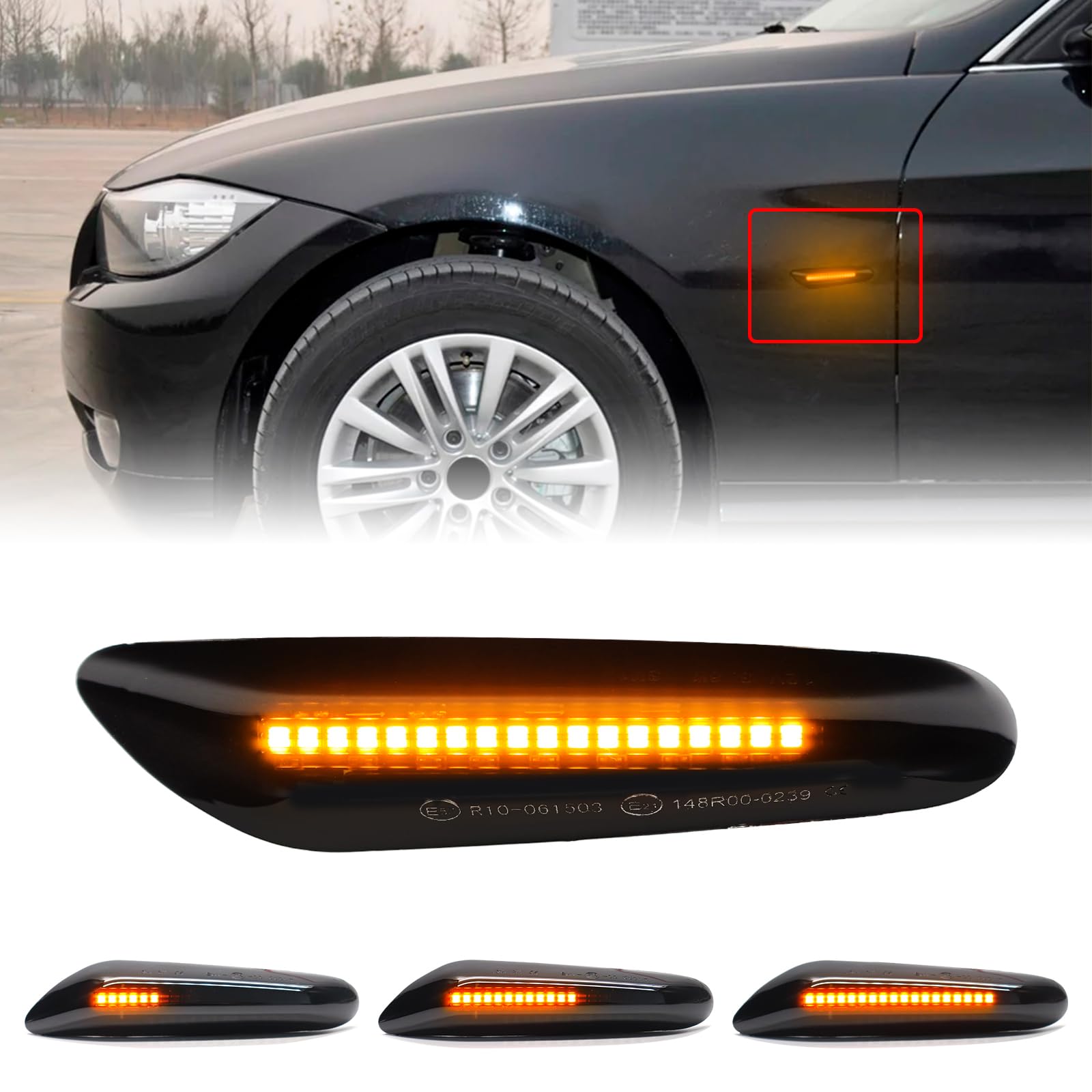 Smoked Lens Sequential Amber LED Side Marker Turn Signal Light for BMW E60 E90 E92 E93 E82 E46 E83 E91 128i 135i 328i 335i E61 E88 E91 Front Fender Dynamic Indicator