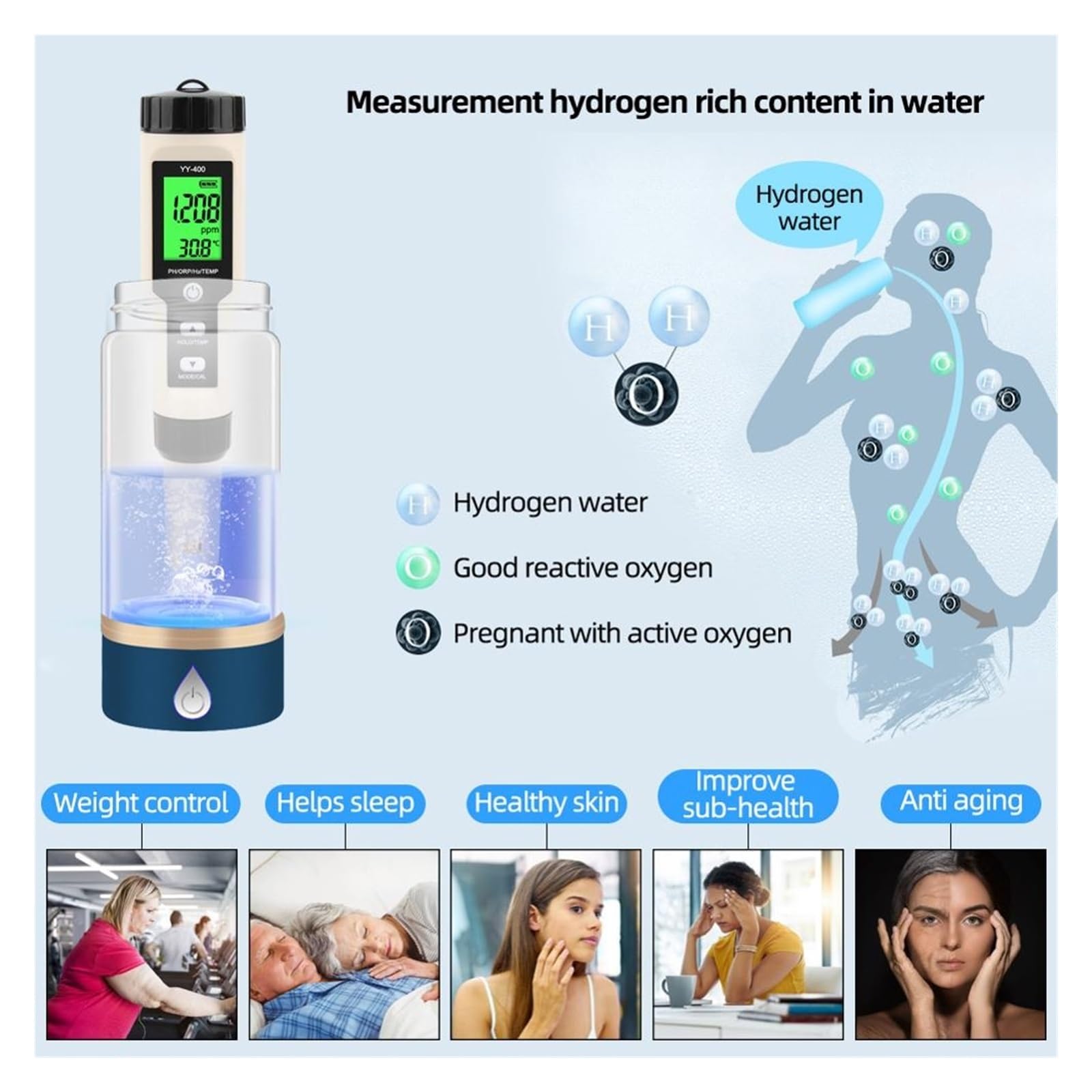 Medidor Agua 4 En 1 H2/PH/ORP/Temp Meter Digital Water Quality Monitor Tester For Piscinas Agua Potable, Acuarios Multiusos Preciso Fácil(YY-400N)