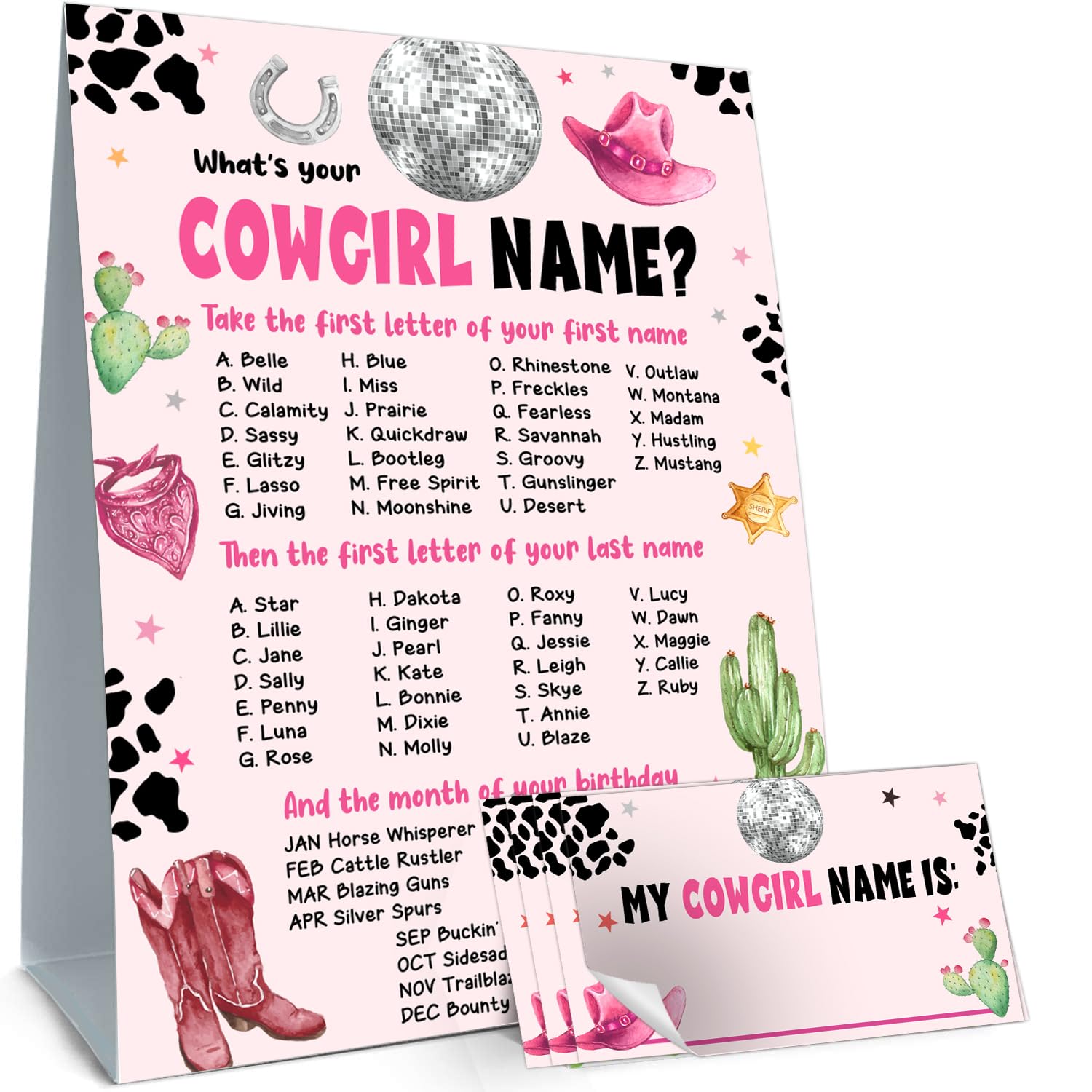 cidobi What is Your Cowgirl Name Game Set, Birthday Party Game Set, 1 Name Game Double Sided Sign, 30 Name Stickers, Suitable for Party Games