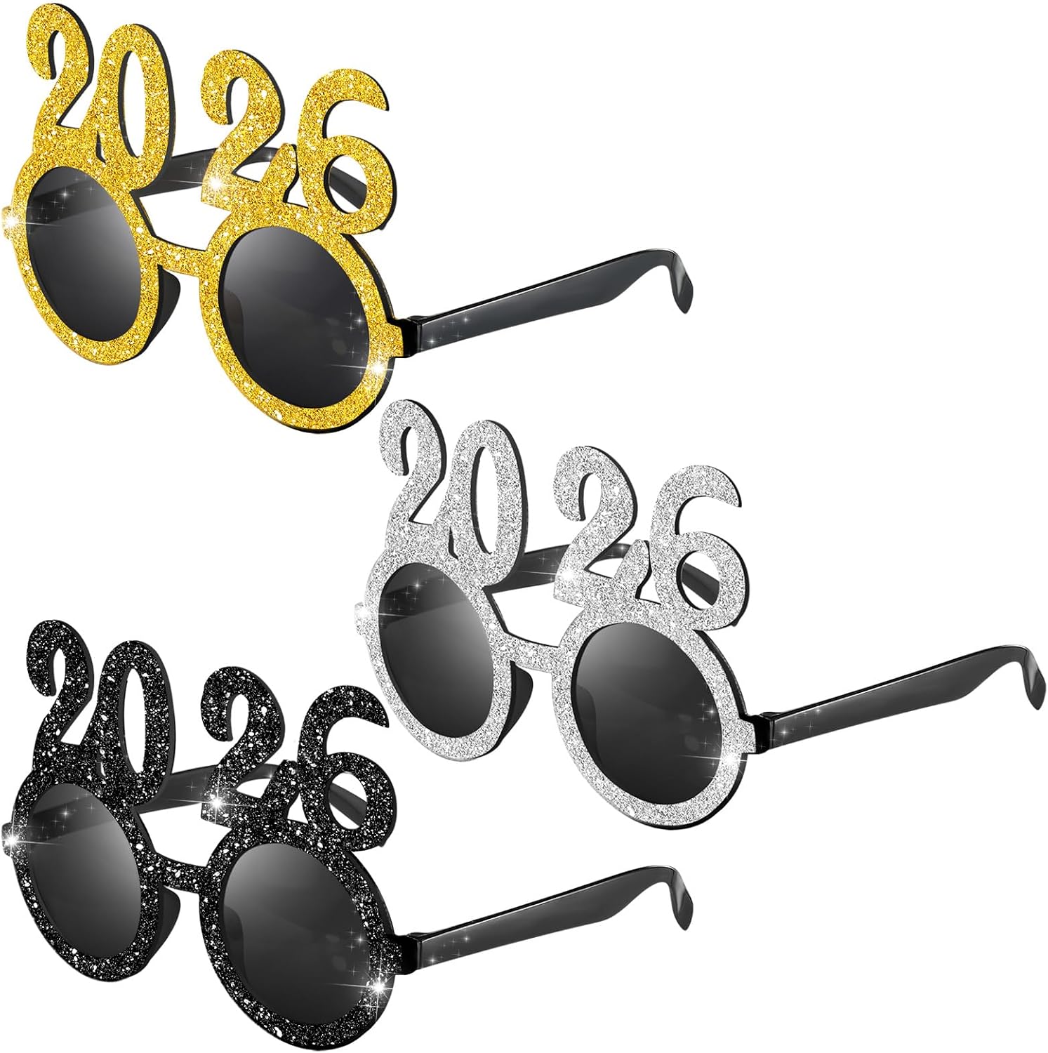 Flutesan 3 Pairs 2026 New Year Sunglasses Glitter 2026 Number Glasses Gold Silver Black Party Eyeglasses for New Years Eve