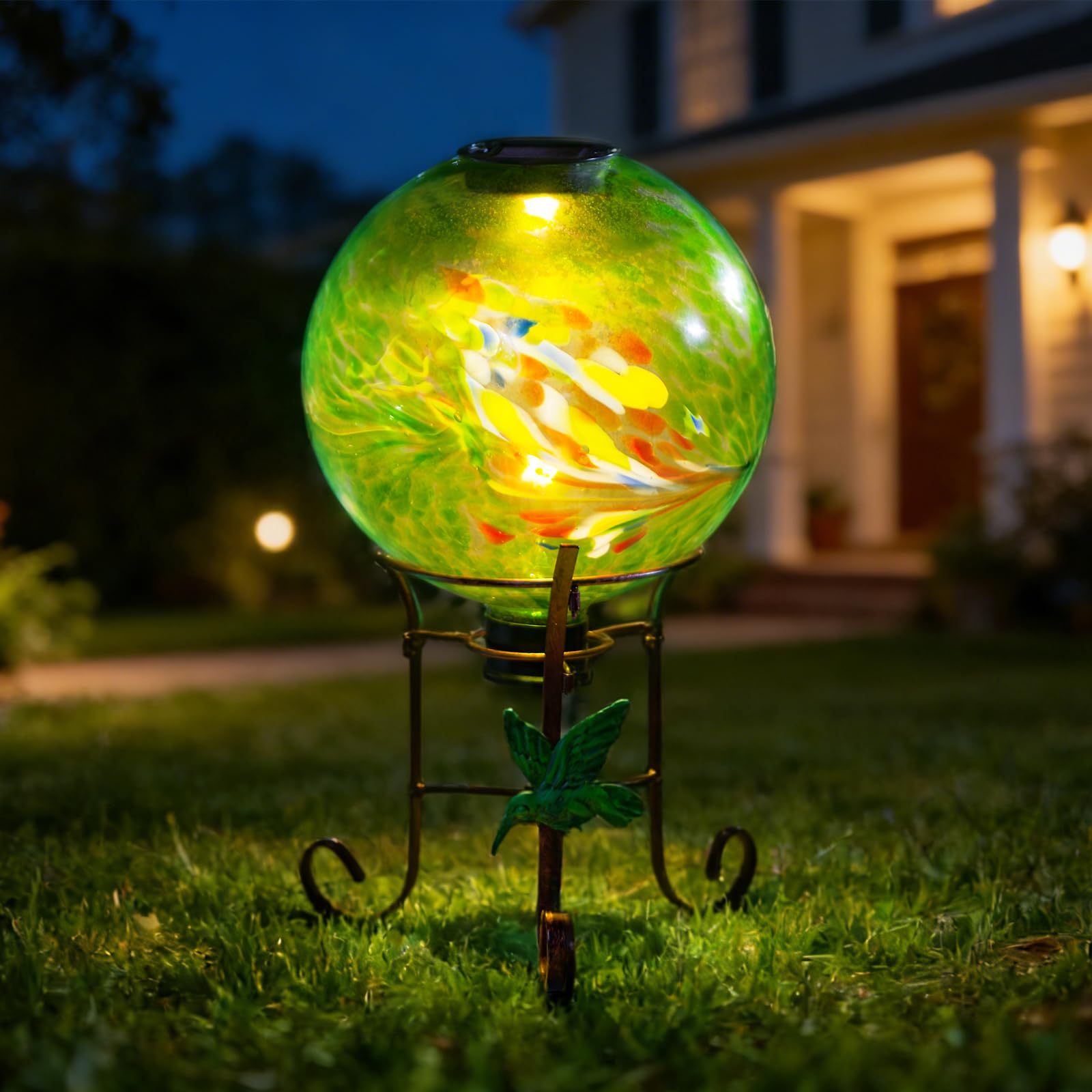 Sfera di vetro solare da 25,4 cm, con supporto in metallo alto 23,9 cm, espositore per luci a sfera solare, per esterni, giardino, prato, cortile, decorazione artistica verde