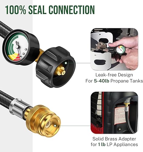 Miniatura 2 de Adaptador de manguera de propano de 12 pies de 1 libra a 20 libras, manguera de tanque de propano con calibre, adaptador de propano de 20 libras a 1